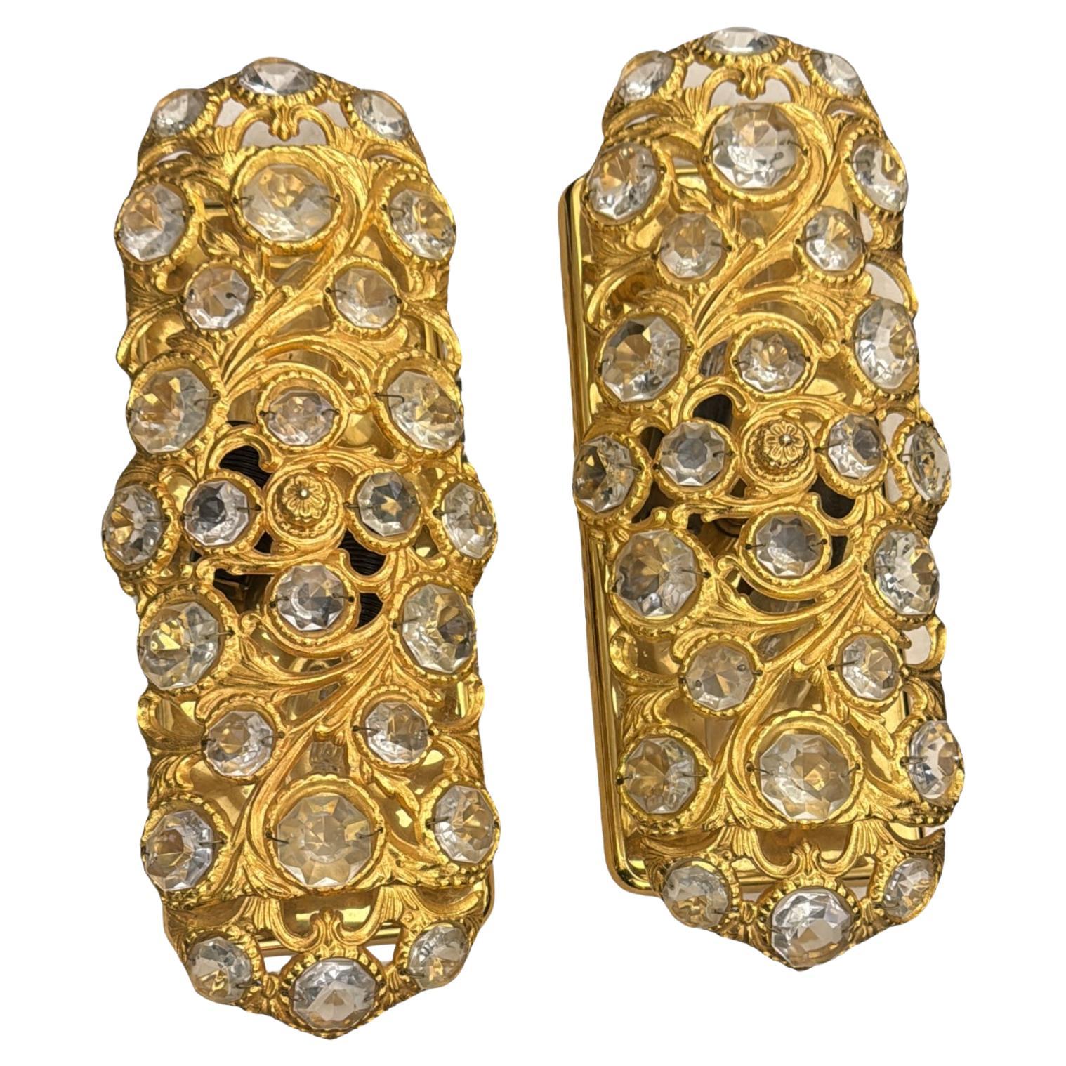 Hollywood Regency Two-Light Pair Peris Andreu Gold Toned Crystal Sconces, Spain