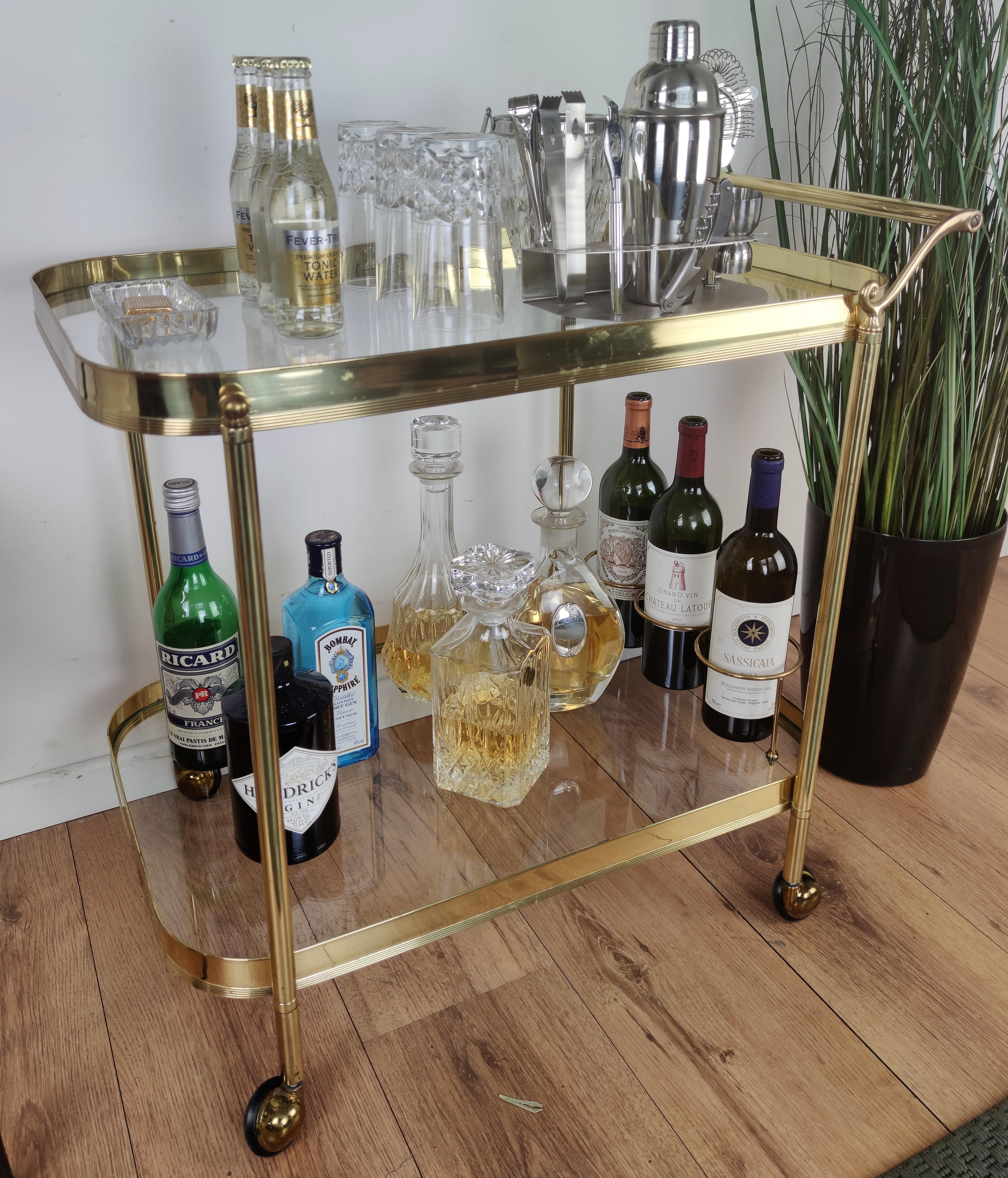 Italian Hollywood Regency Two-Tier Brass and Glass Bar Cart, Italy, 1970s For Sale