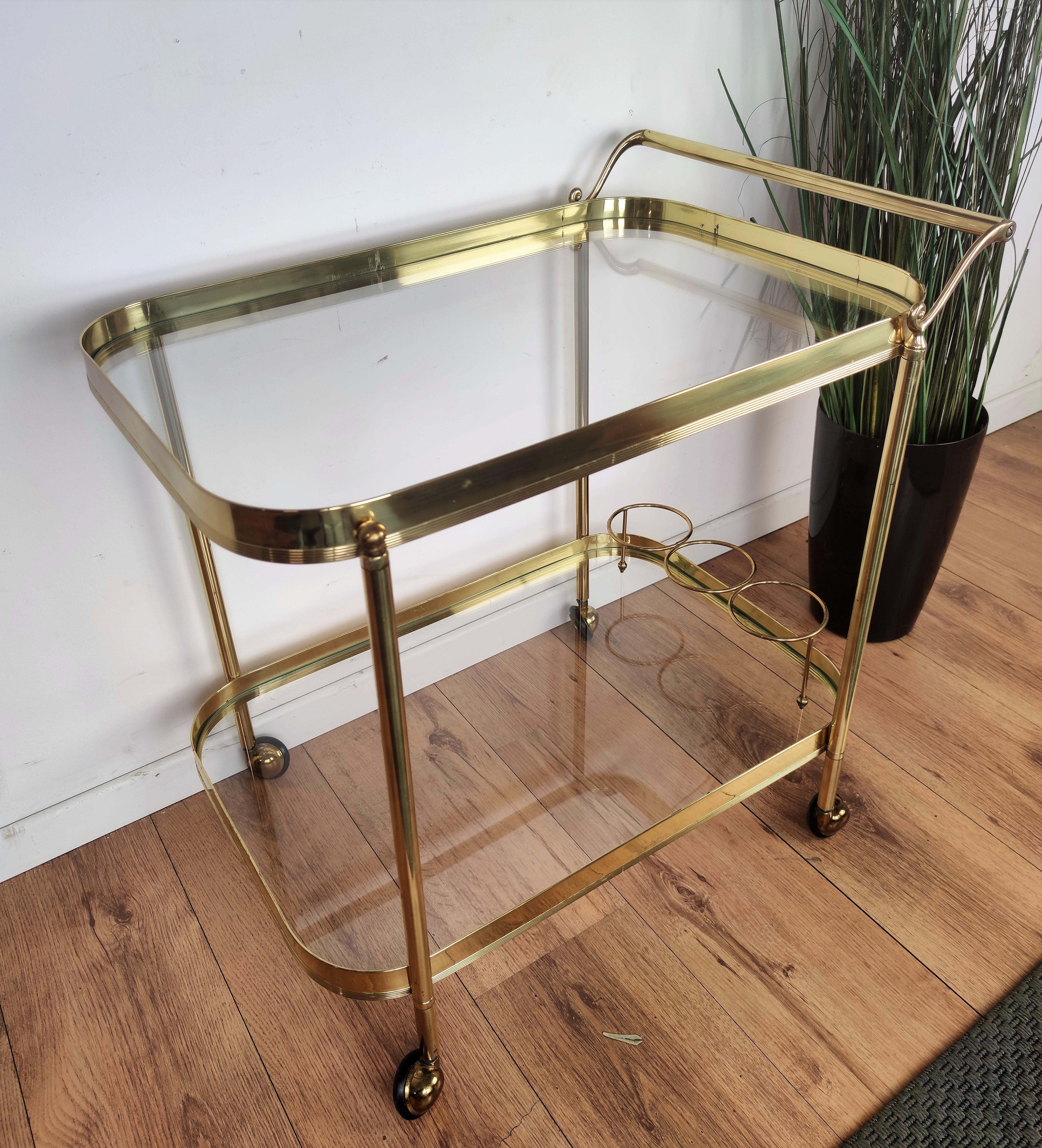20th Century Hollywood Regency Two-Tier Brass and Glass Bar Cart, Italy, 1970s For Sale