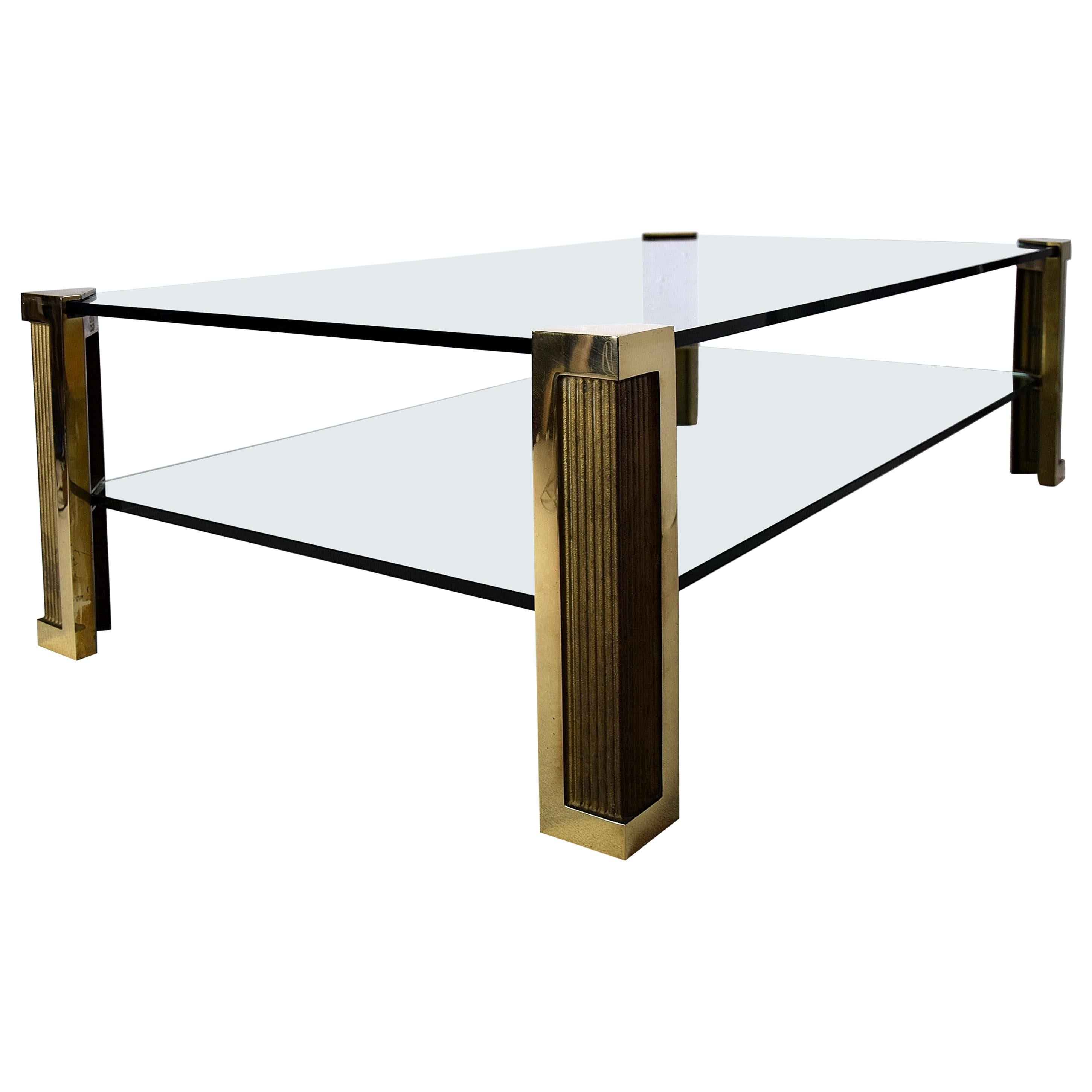 Hollywood Regency Two-Tier Glass and Brass Coffee Table