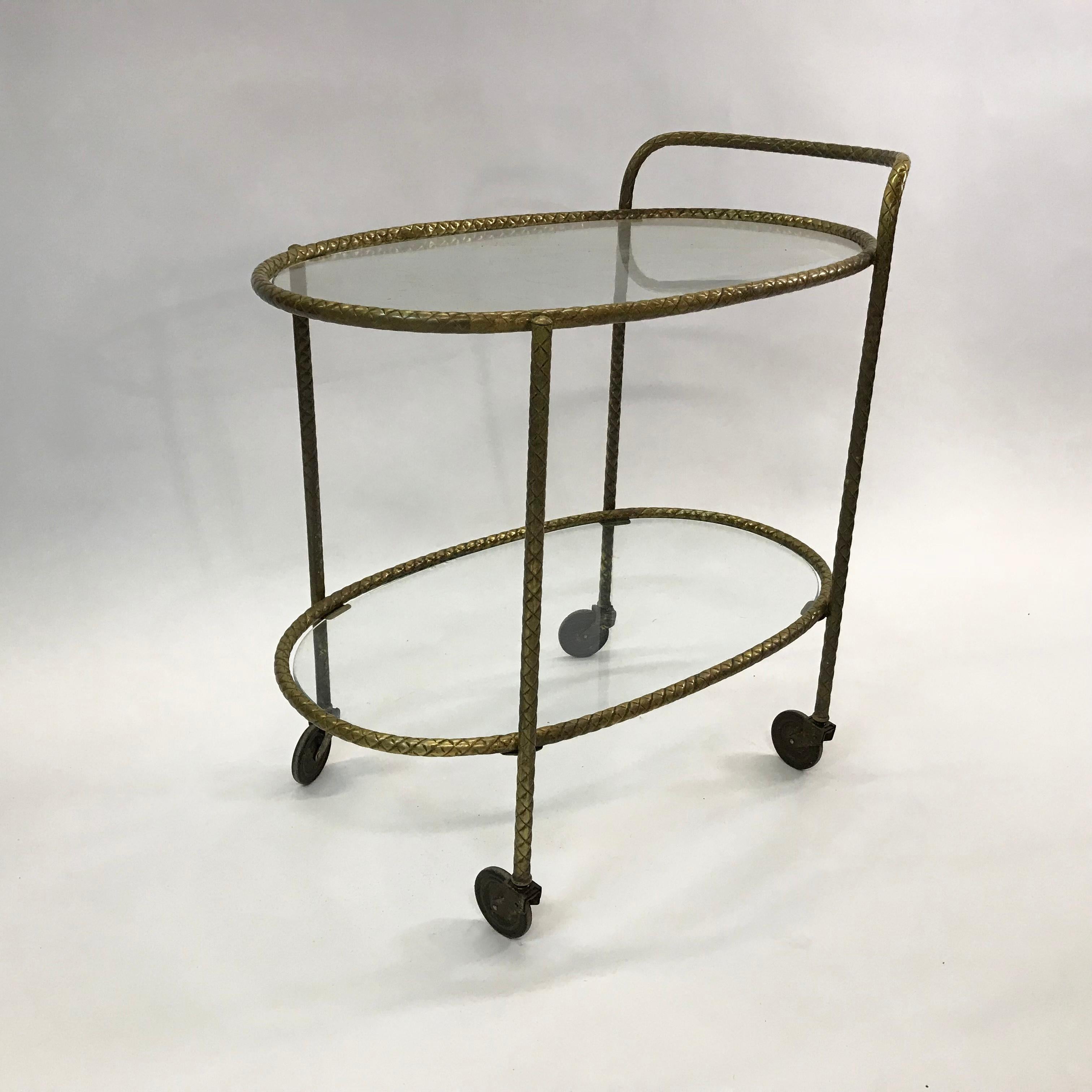 American Hollywood Regency Two-Tiered Oval Braided Brass Bar Cart Trolley