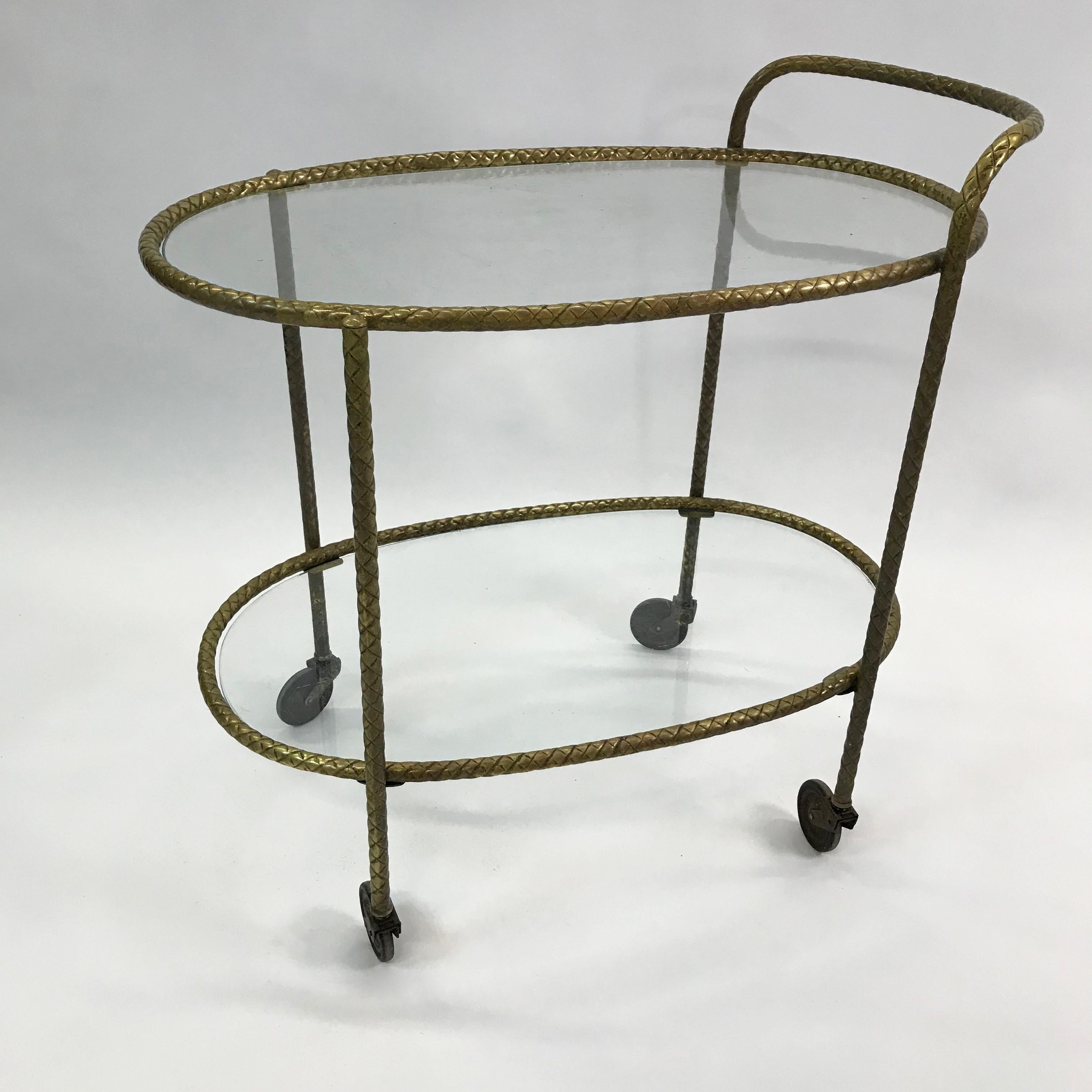 Hollywood Regency Two-Tiered Oval Braided Brass Bar Cart Trolley In Good Condition In Brooklyn, NY