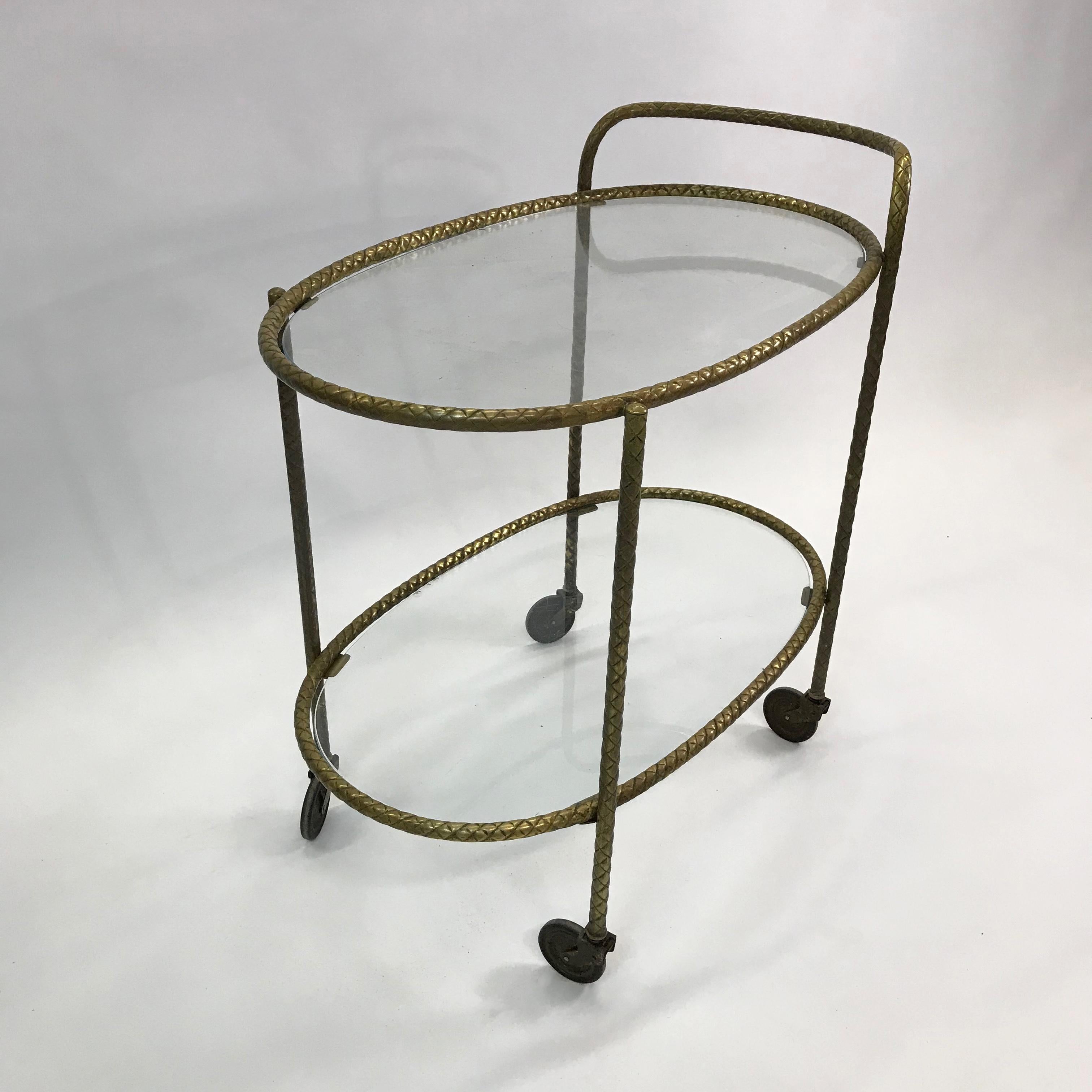 20th Century Hollywood Regency Two-Tiered Oval Braided Brass Bar Cart Trolley