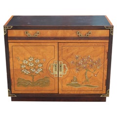 Hollywood Regency Two-Tone Walnut Cabinet with Painted Flowers and Brass Accents