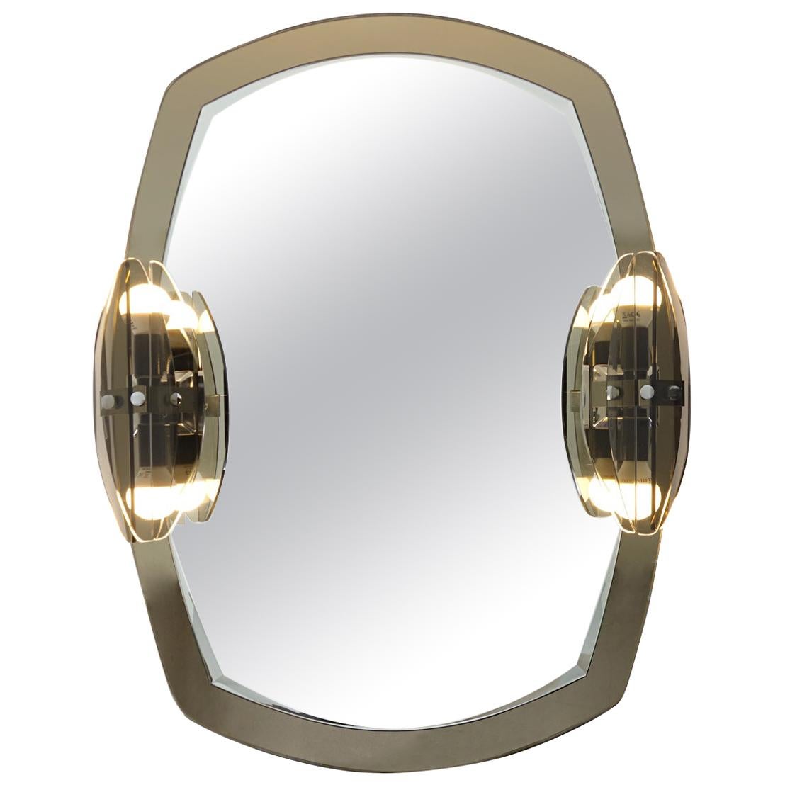 Miroir à deux tons Hollywood Regency avec lampes fabriqué par Veca en vente