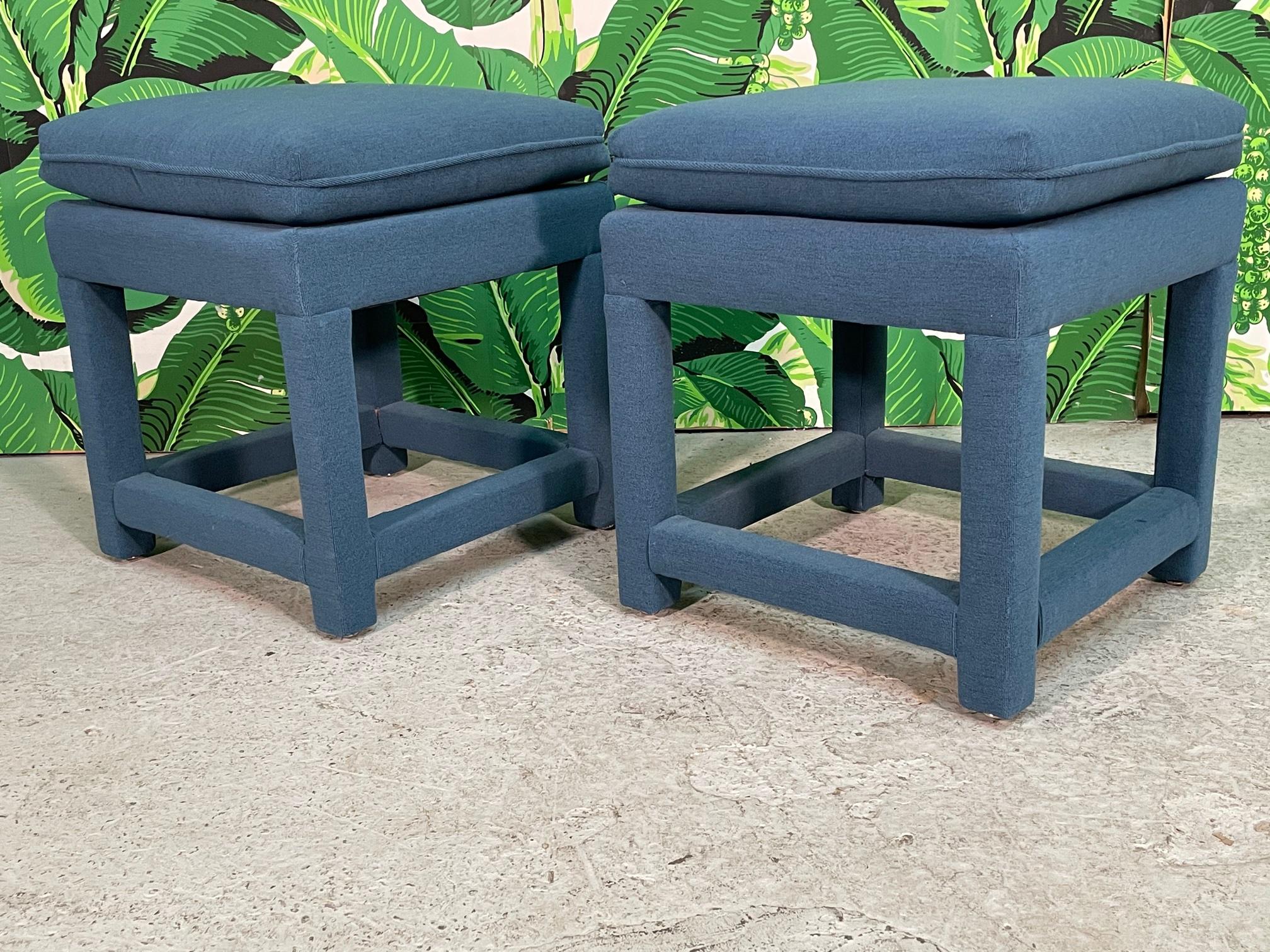 Pair of midcentury fully upholstered foot stools. Could be used as an ottoman. Very good condition with no noticeable wear. 

