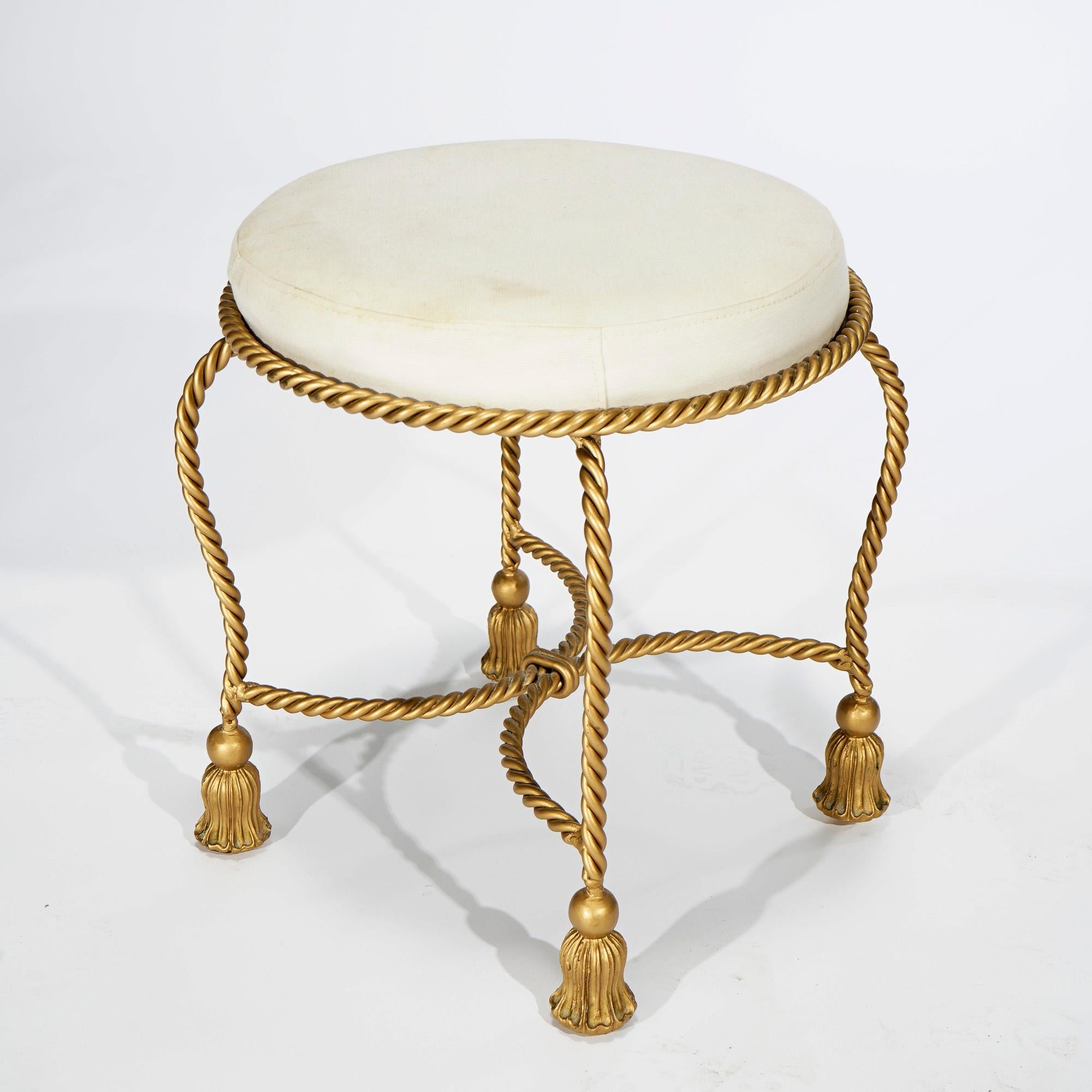 Hollywood Regency Upholstered Gilt Metal Rope Twist & Tassel Vanity Stool 20th C In Good Condition In Big Flats, NY
