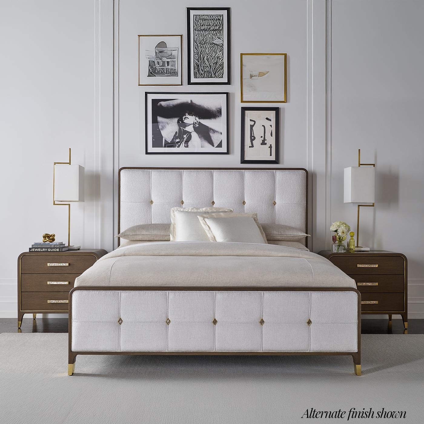 Contemporary Hollywood Regency Upholstered King Bed - Light Finish For Sale