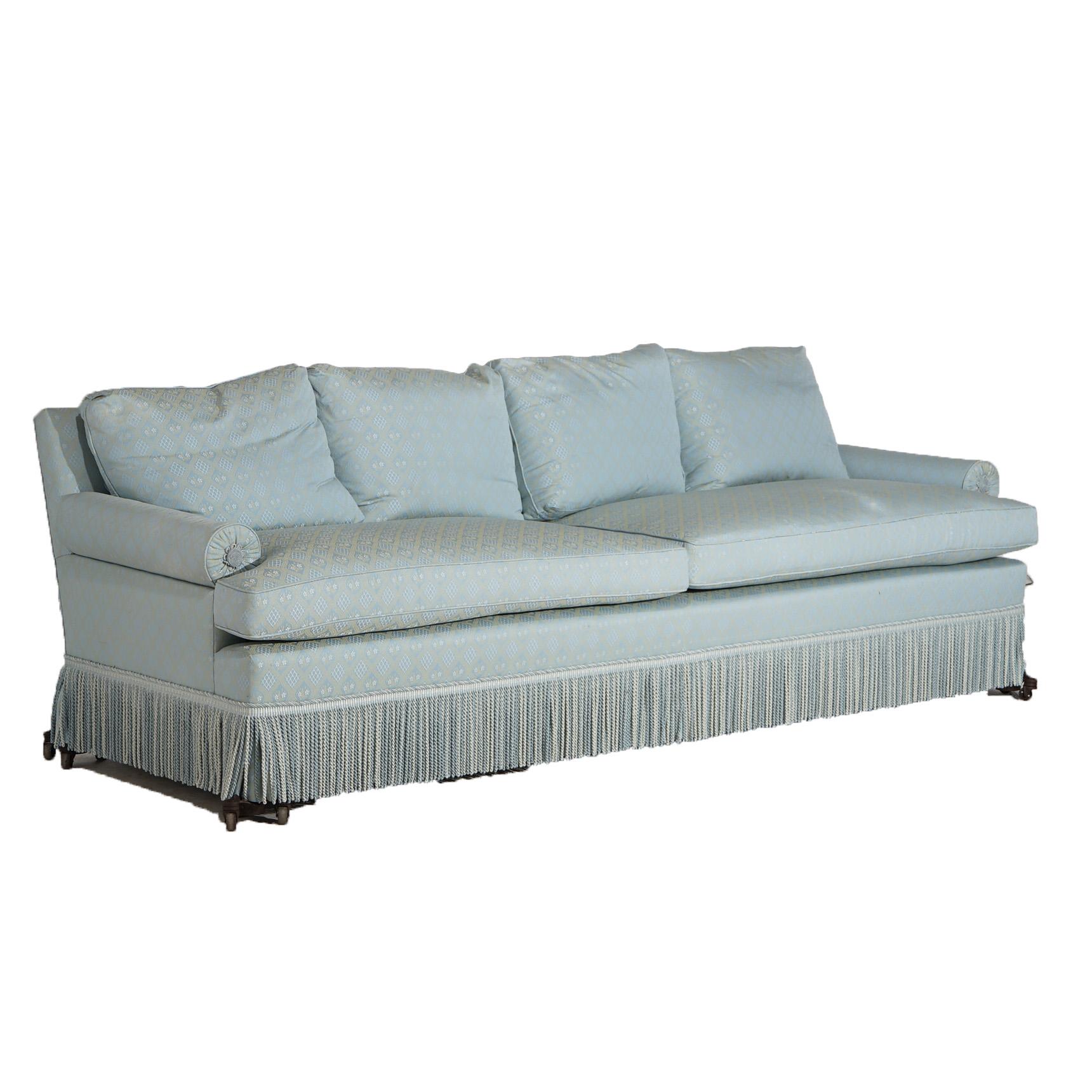 ***Ask About Reduced In-House Shipping Rates - Reliable Service & Fully Insured***
Hollywood Regency Upholstered Pillow Back Long Sofa with Fringe Skirt 20thC

Measures- 34.5''H x 97''W x 35.5''D; SH 19.5