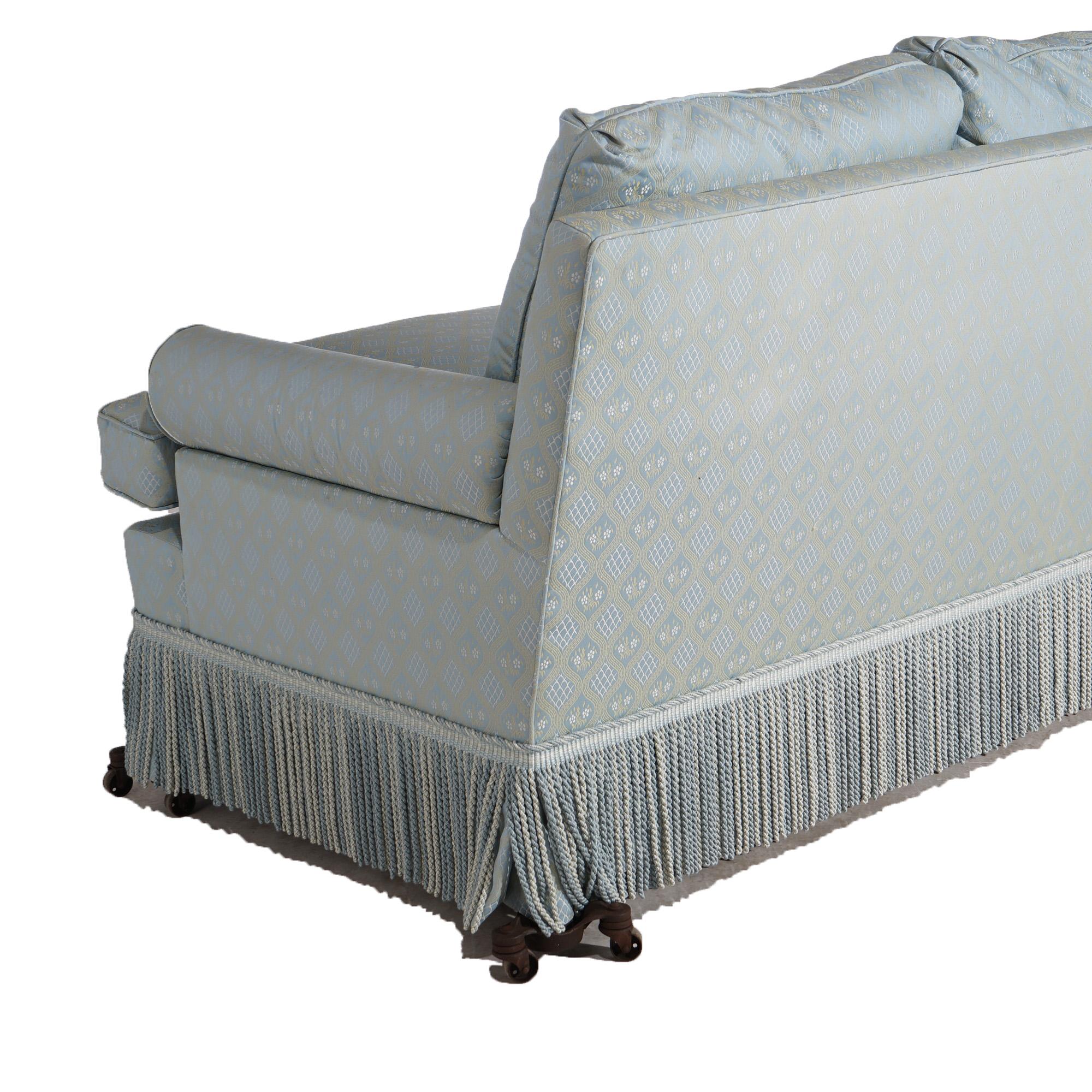 20th Century Hollywood Regency Upholstered Pillow Back Long Sofa with Fringe Skirt 20thC For Sale