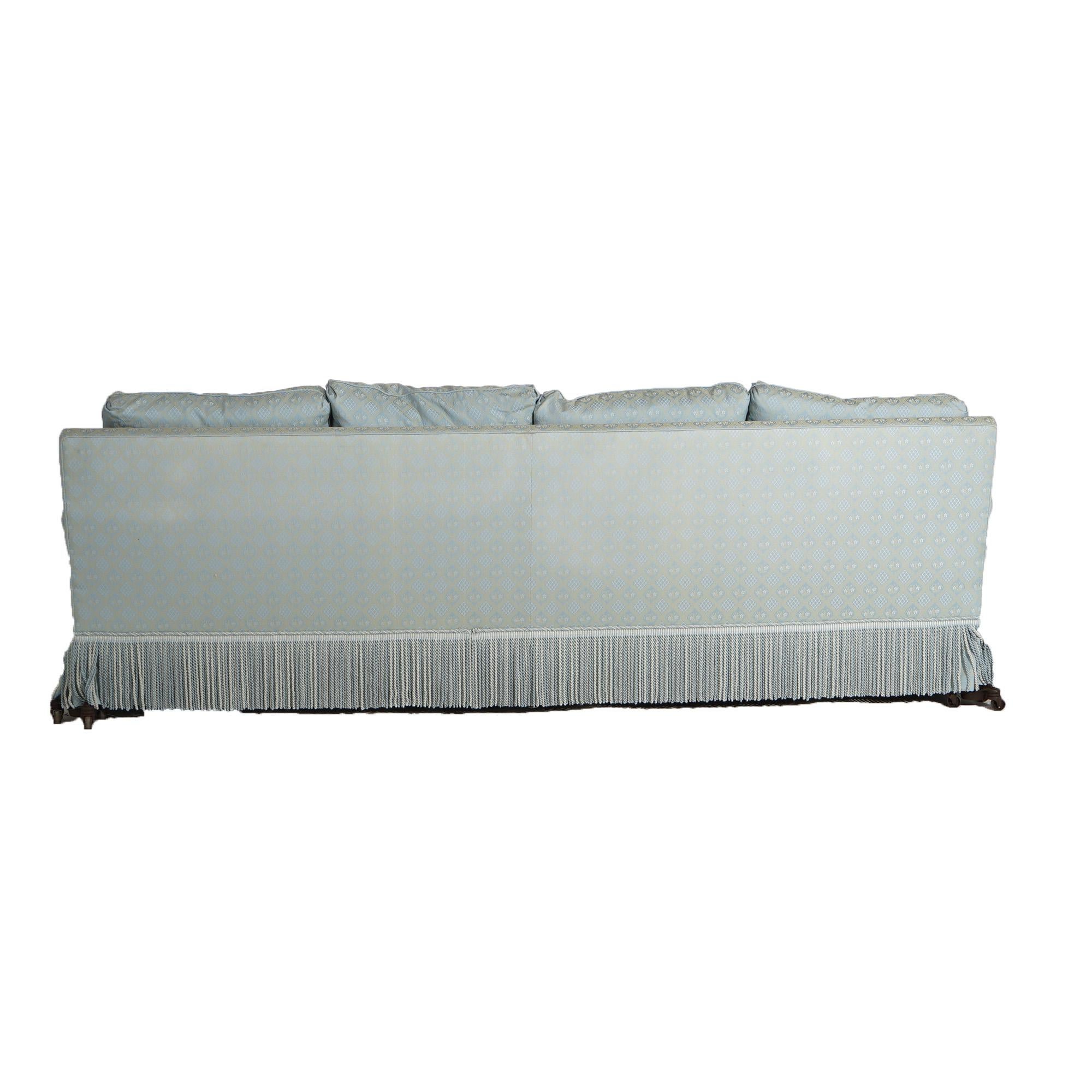 Upholstery Hollywood Regency Upholstered Pillow Back Long Sofa with Fringe Skirt 20thC For Sale