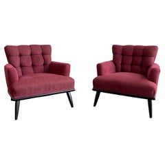Vintage Hollywood Regency Upholstered Walnut Lounge Armchairs