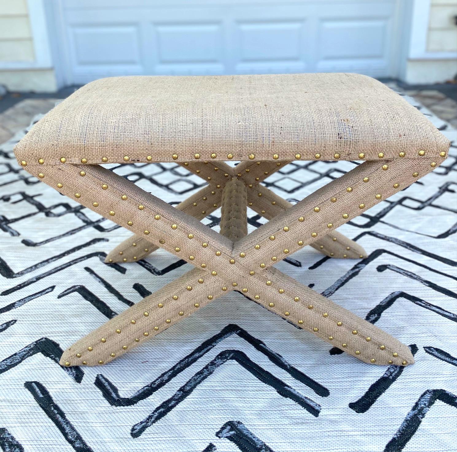 Hollywood Regency Upholstered X-Bench in Natural Jute Burlap with Brass Studs 4
