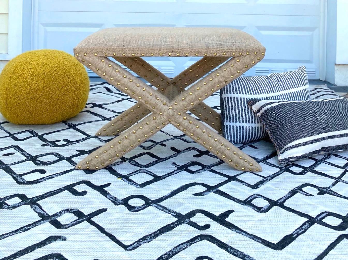 Hollywood Regency Upholstered X-Bench in Natural Jute Burlap with Brass Studs 5