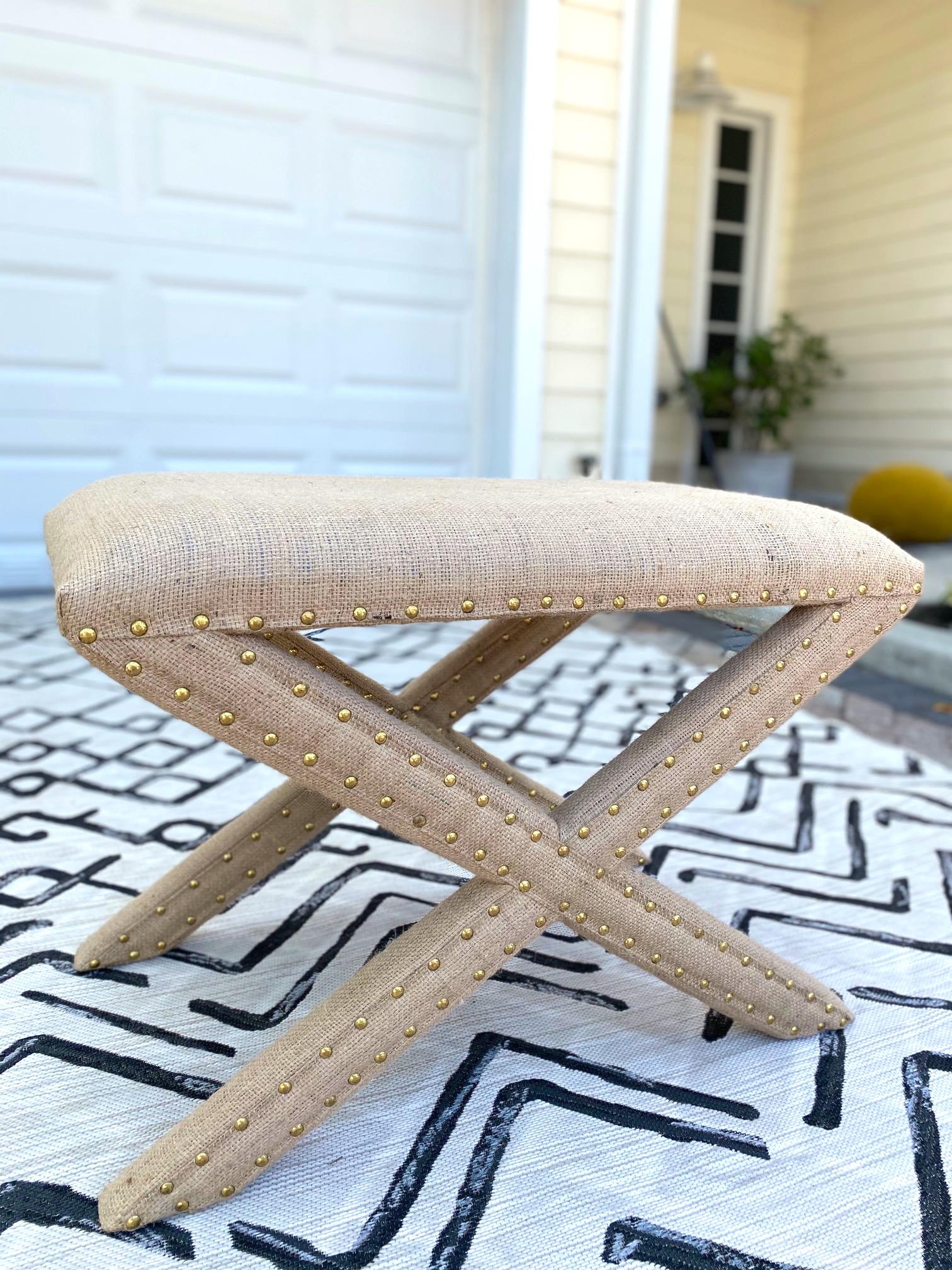 Hollywood Regency Upholstered X-Bench in Natural Jute Burlap with Brass Studs 6