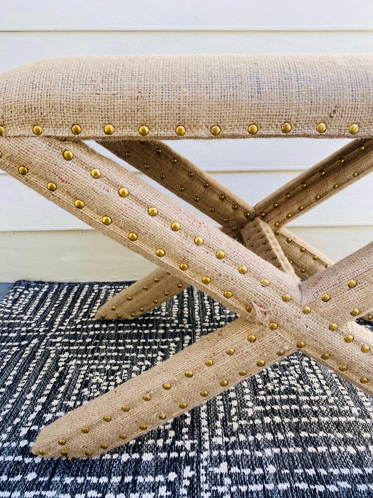 Hollywood Regency Upholstered X-Bench in Natural Jute Burlap with Brass Studs 7