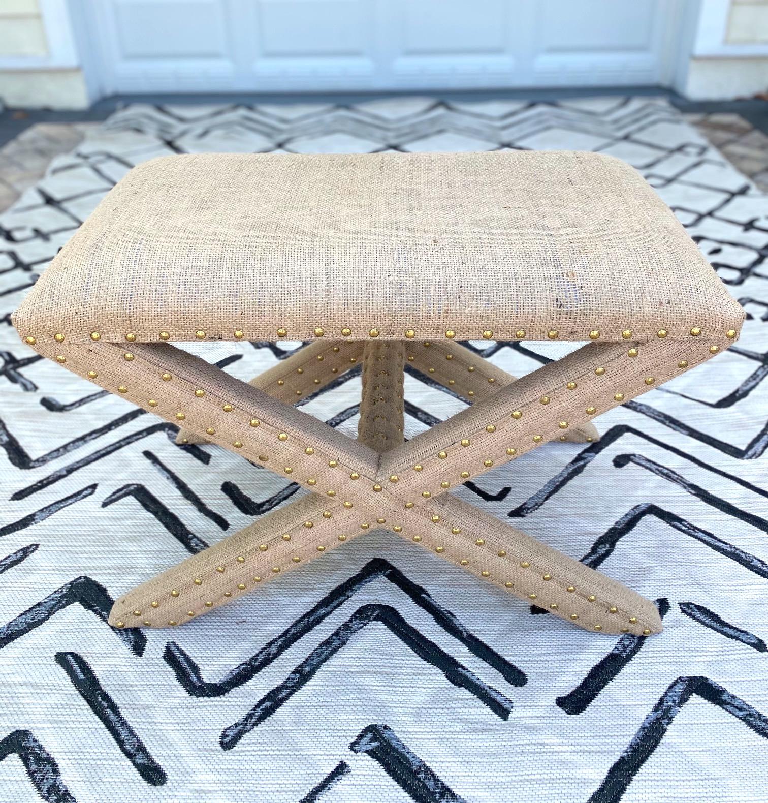 American Hollywood Regency Upholstered X-Bench in Natural Jute Burlap with Brass Studs