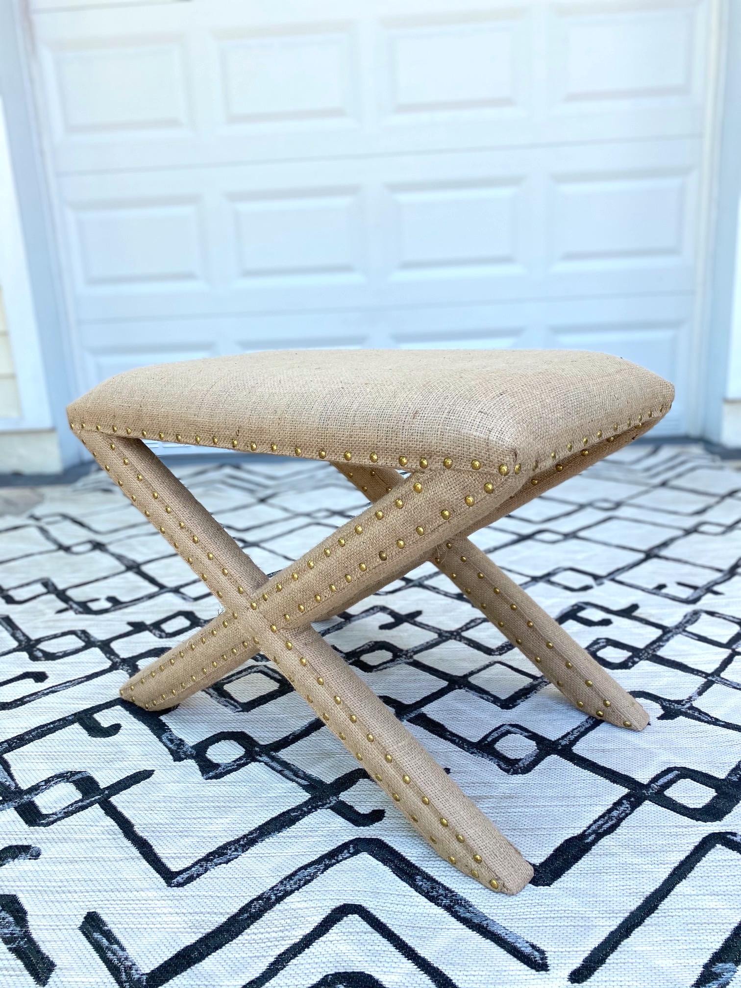 Hollywood Regency Upholstered X-Bench in Natural Jute Burlap with Brass Studs In Good Condition In Fort Lauderdale, FL