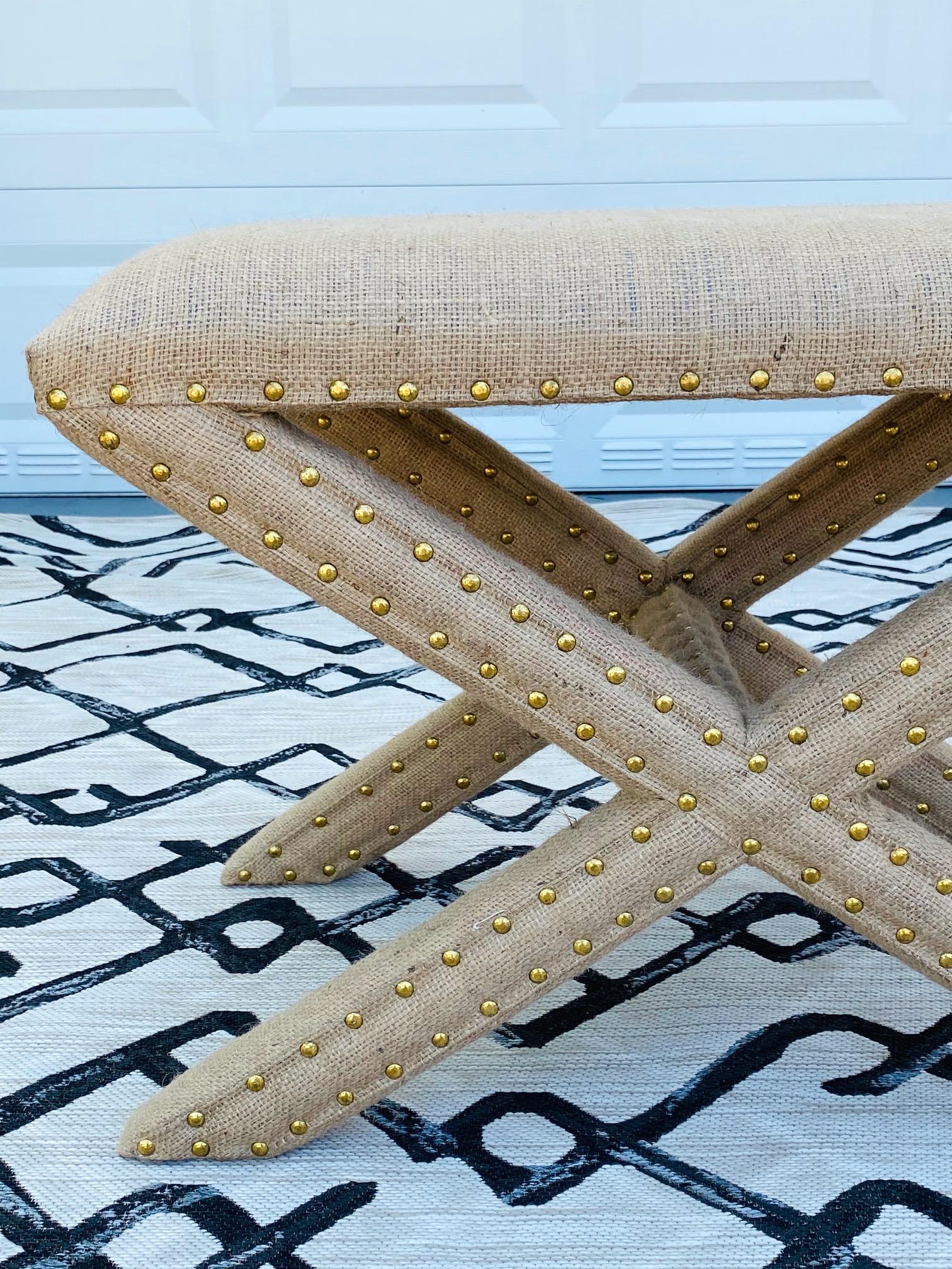 Contemporary Hollywood Regency Upholstered X-Bench in Natural Jute Burlap with Brass Studs