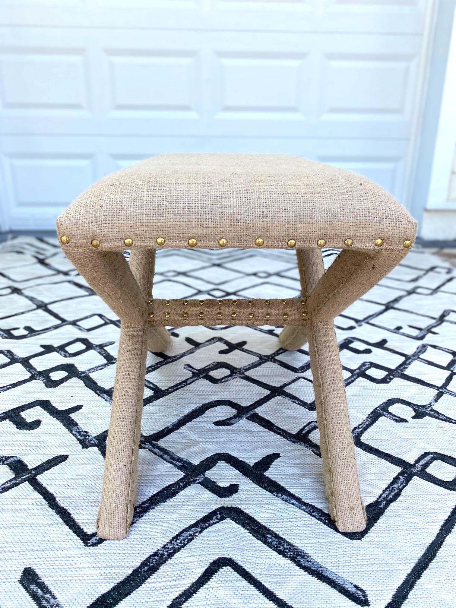 Hollywood Regency Upholstered X-Bench in Natural Jute Burlap with Brass Studs 1