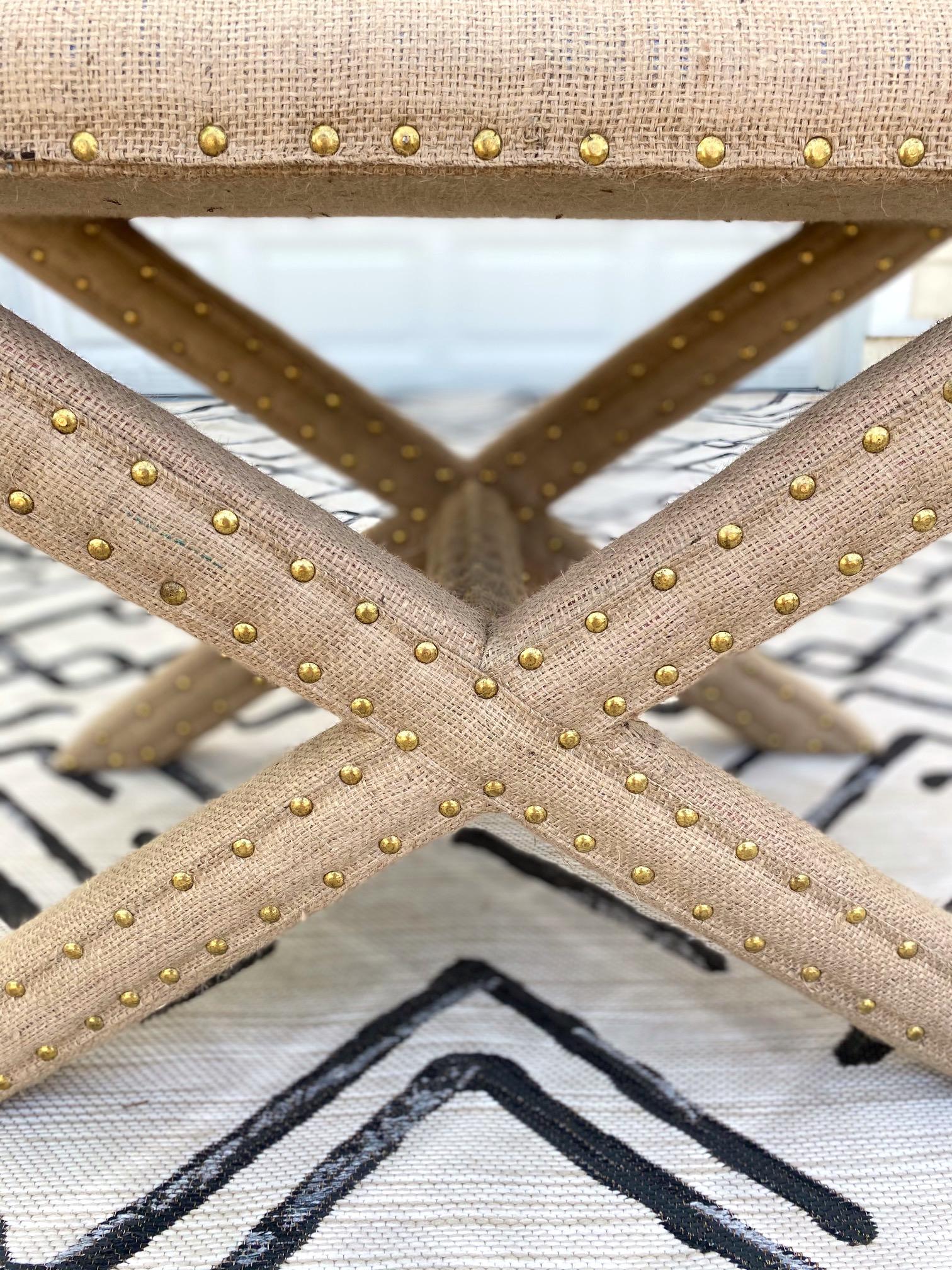 Hollywood Regency Upholstered X-Bench in Natural Jute Burlap with Brass Studs 2
