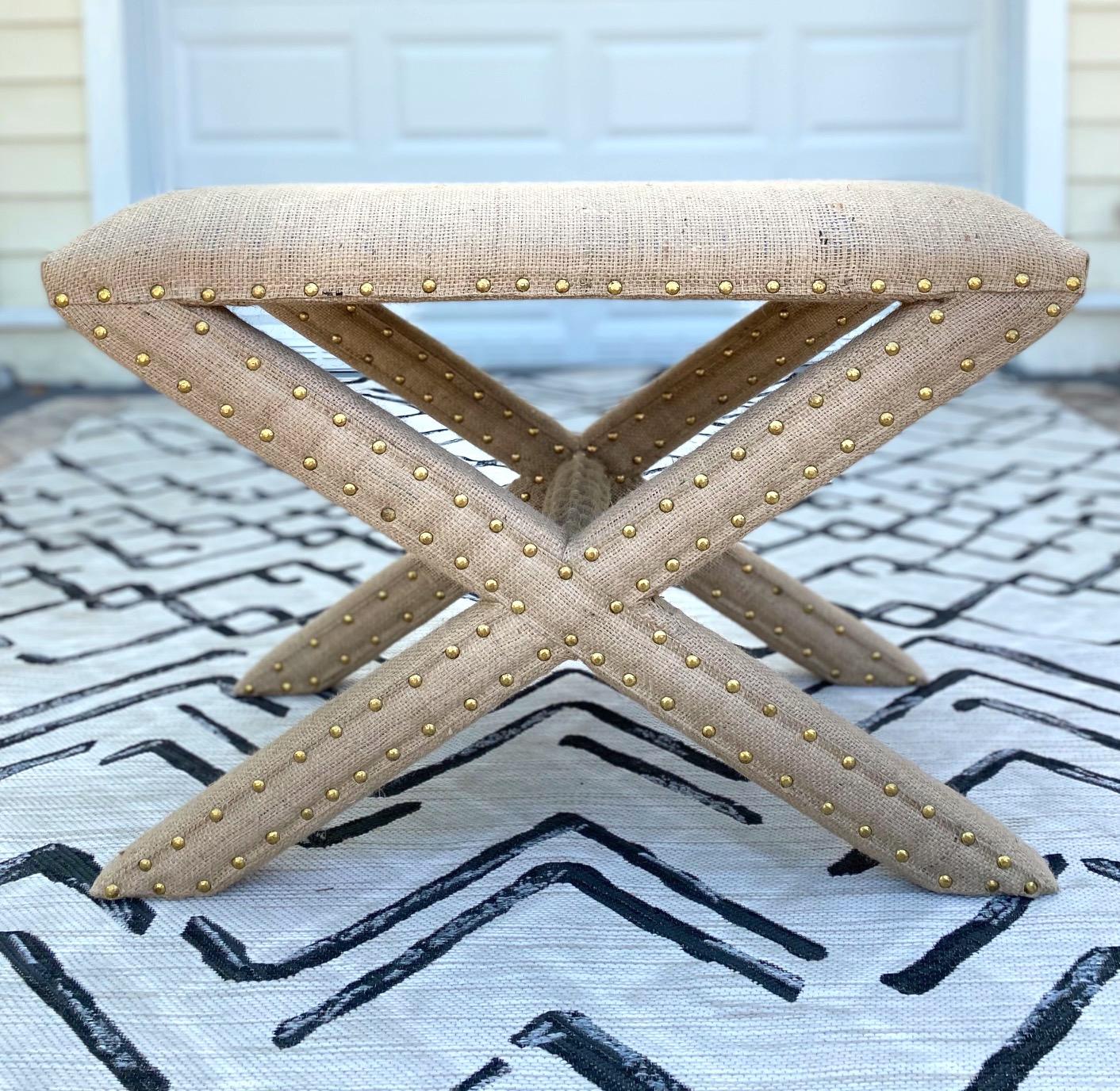 Hollywood Regency Upholstered X-Bench in Natural Jute Burlap with Brass Studs 3