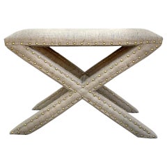 Hollywood Regency Upholstered X-Bench in Natural Jute Burlap with Brass Studs