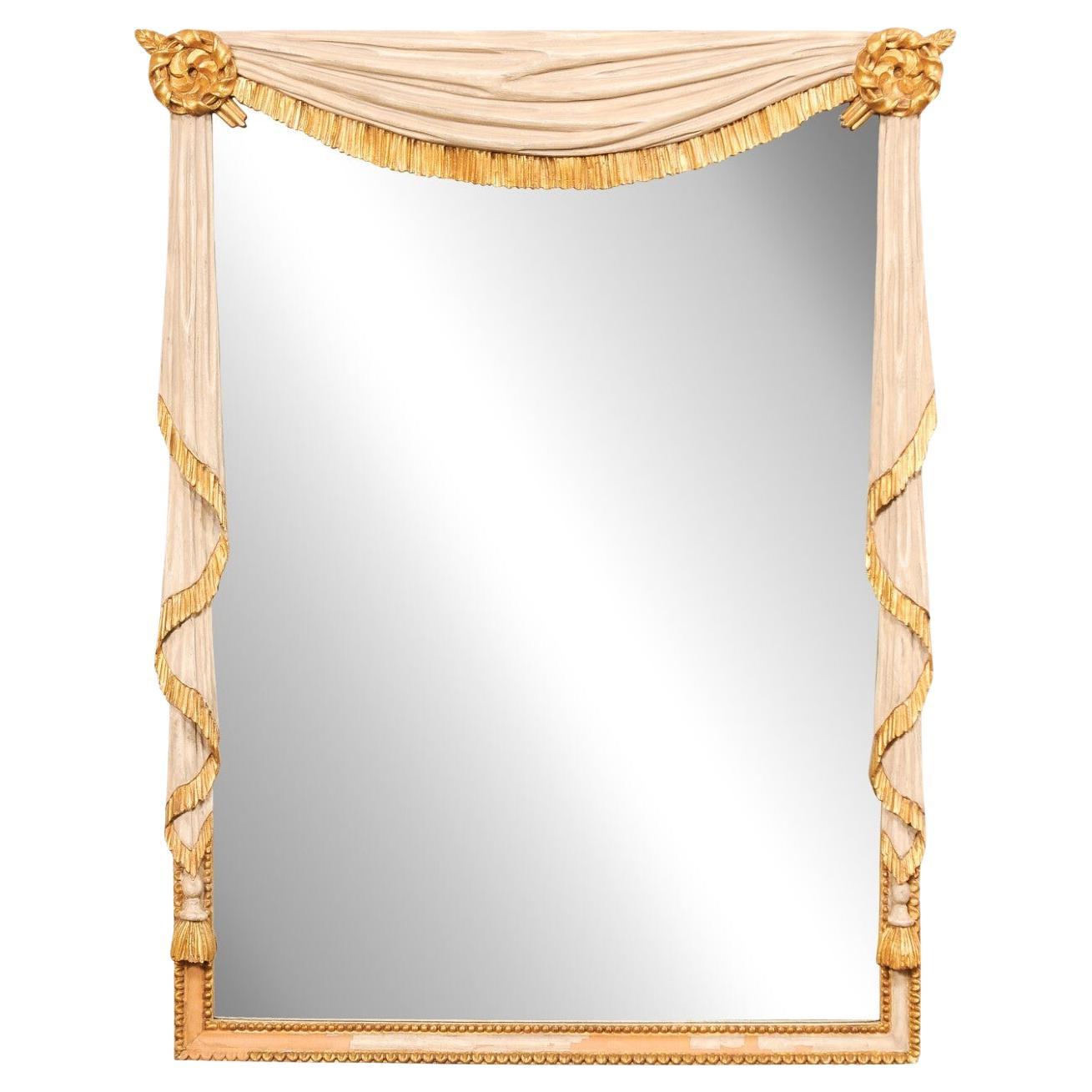 Hollywood Regency Valance 
Tassle Carved Mirror w/Orig. Cream/Gold Finish For Sale
