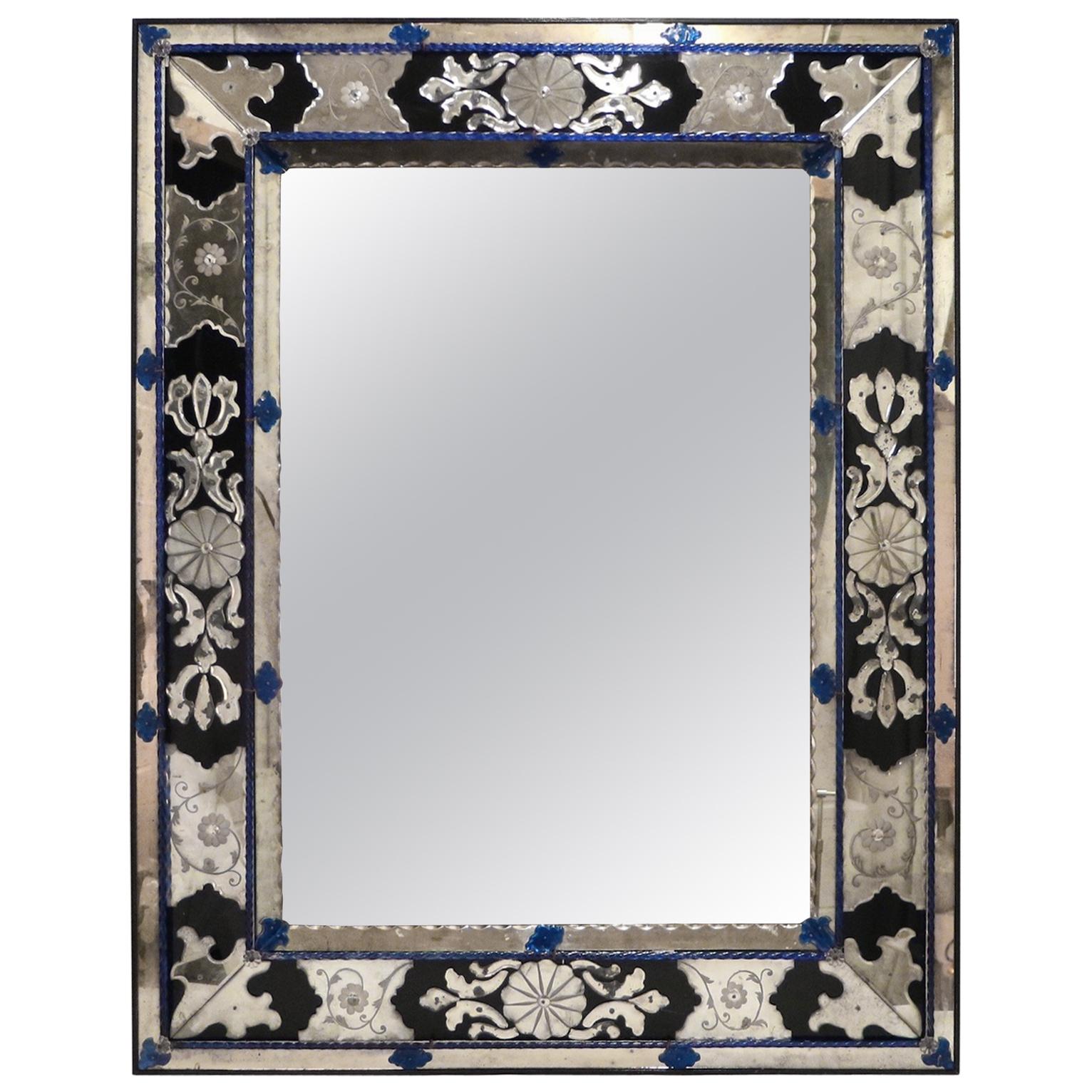 Hollywood Regency Venetian Mirror in Blue, Clear and Black Murano Glass