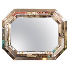 Hollywood Regency Venetian Mirror with Etched Floral Details and Stitch Border