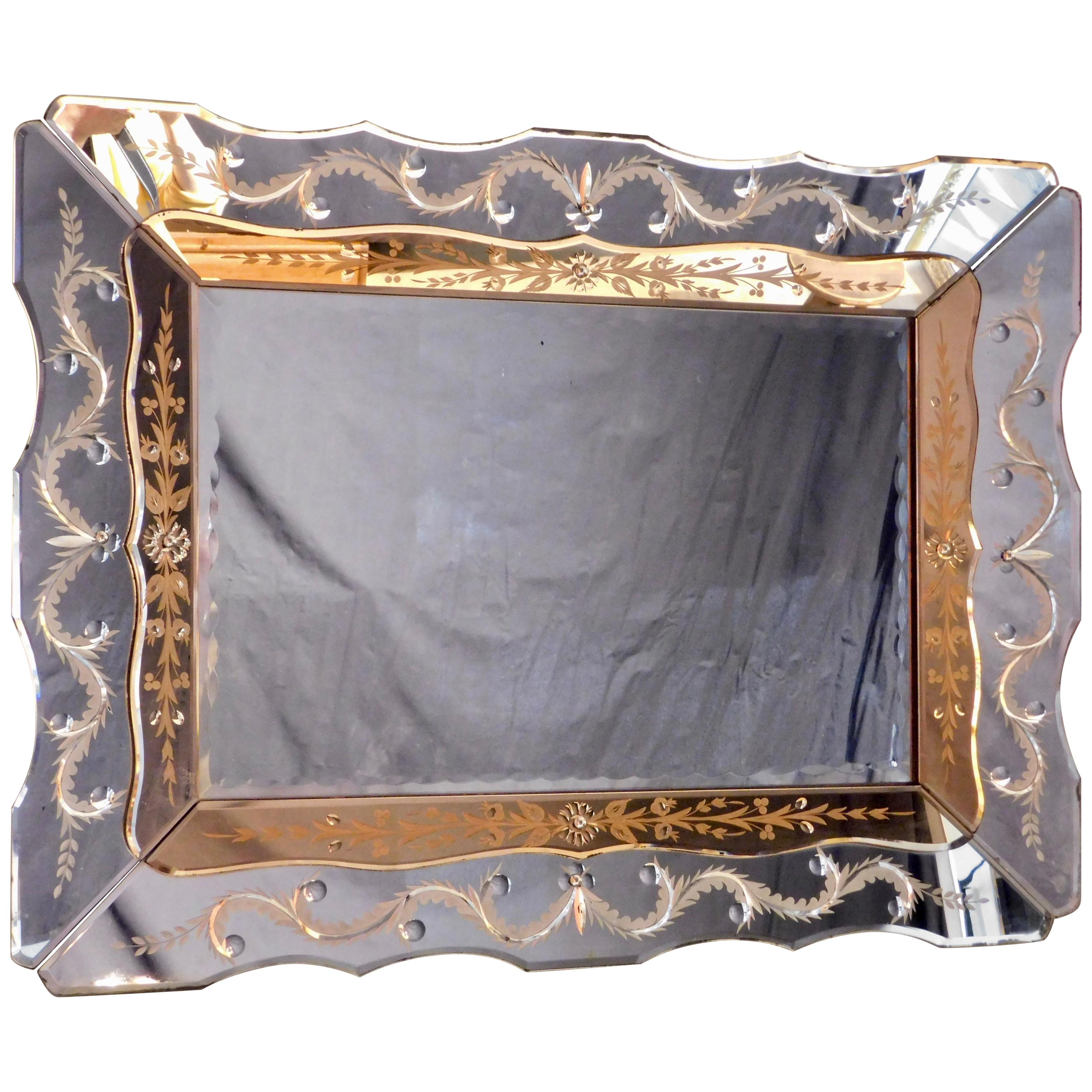 Hollywood Regency Venetian Mirror with Peach Colored Interior Edge, circa 1940 For Sale