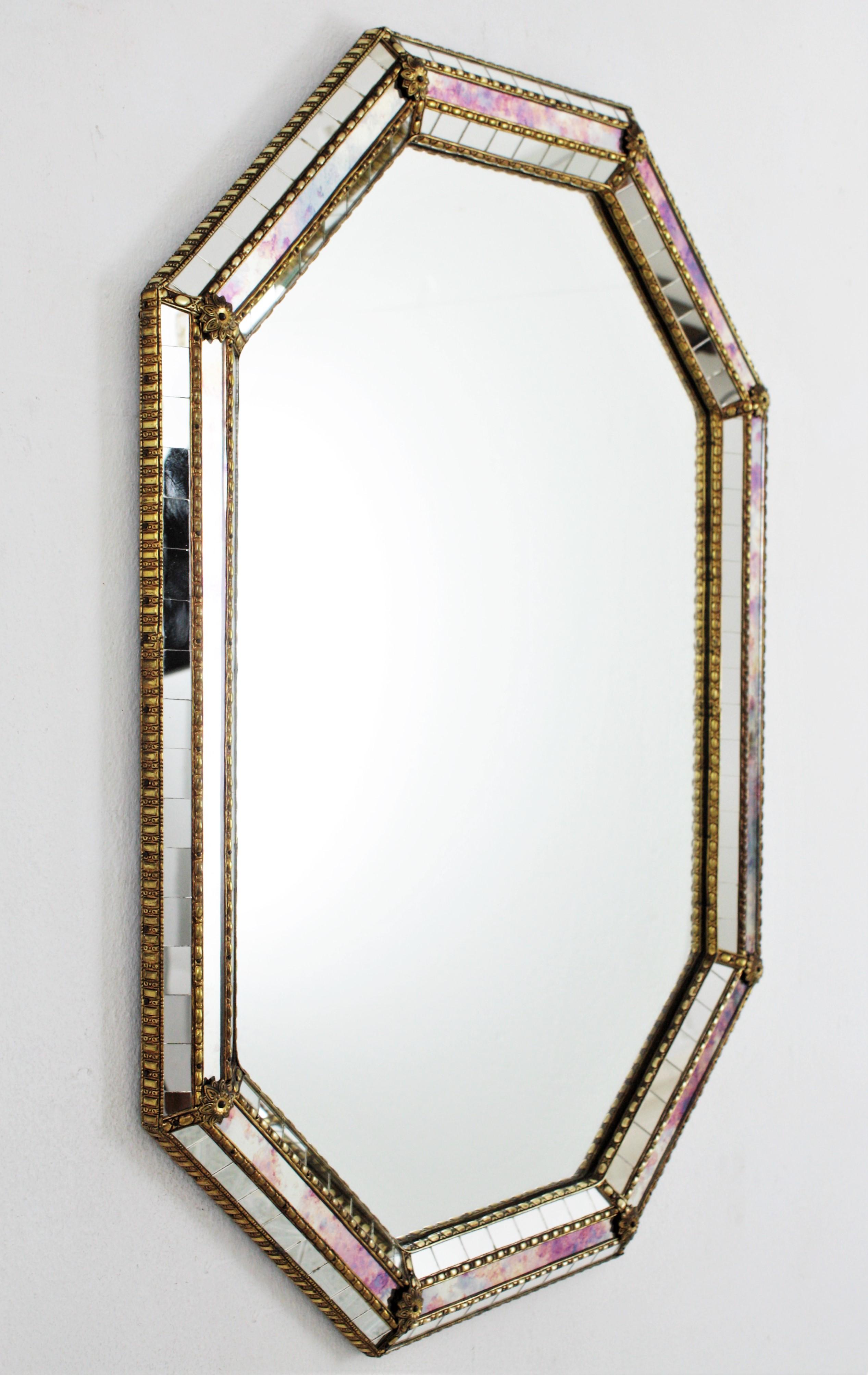 Spanish Hollywood Regency Venetian Modern Octagonal Mirror with Iridiscent Glass Accents