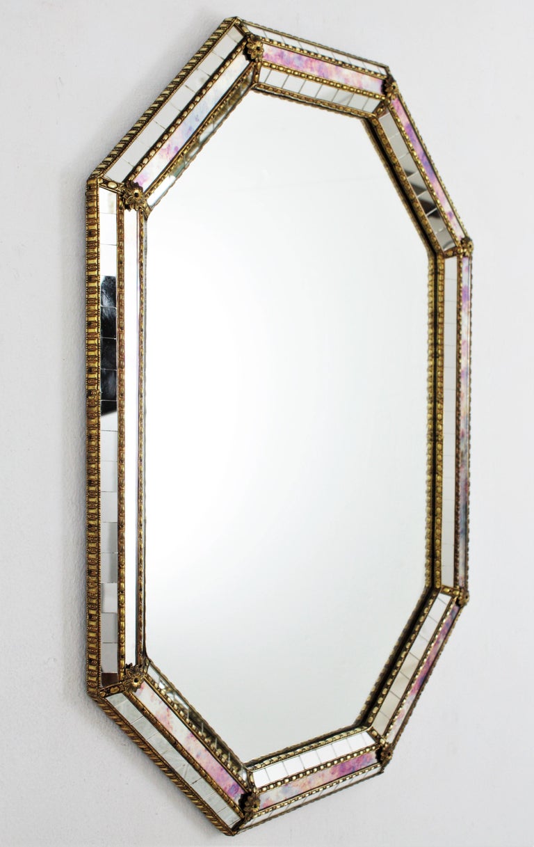 Hollywood Regency Modern Octagonal Mirror with Iridiscent