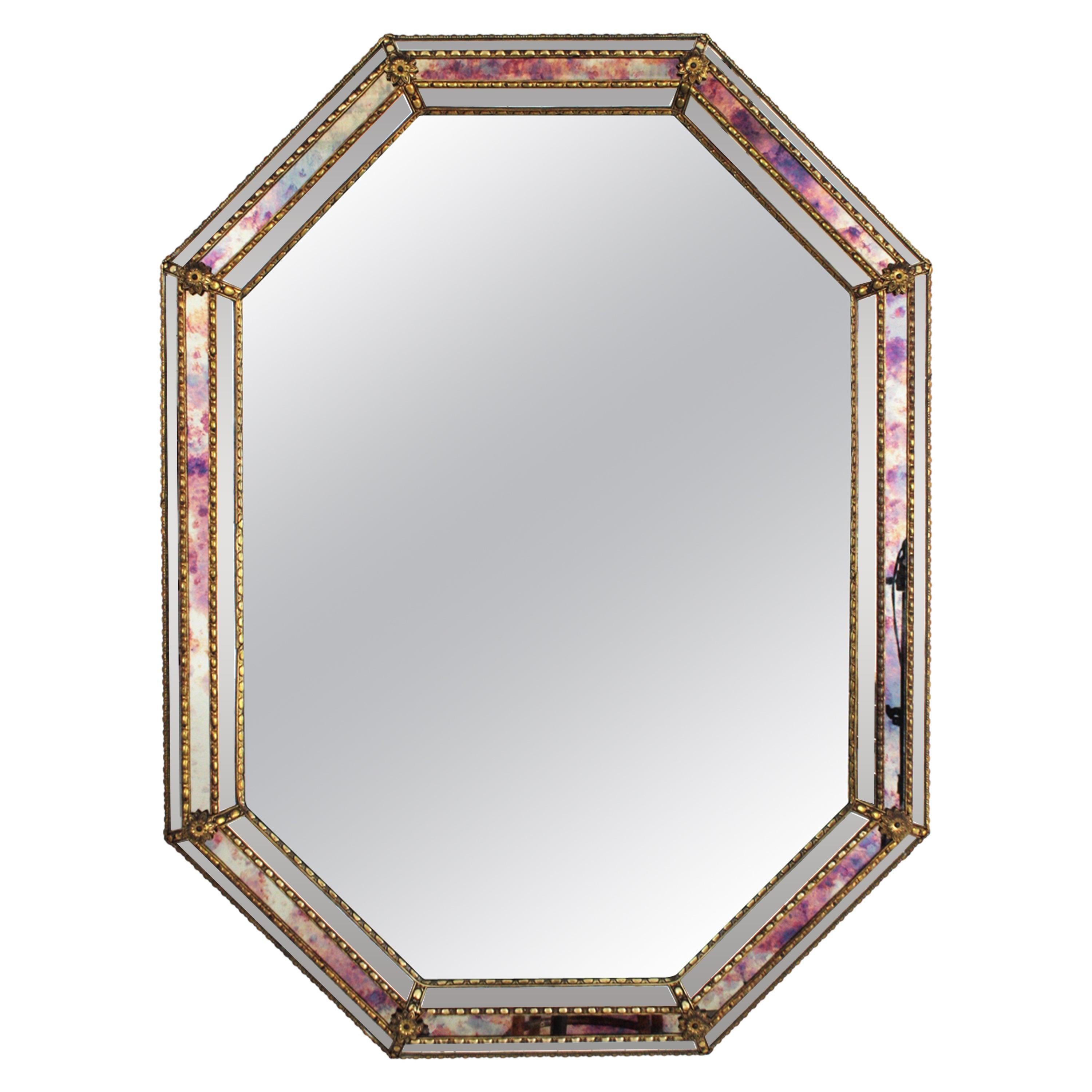 Hollywood Regency Venetian Modern Octagonal Mirror with Iridiscent Glass Accents
