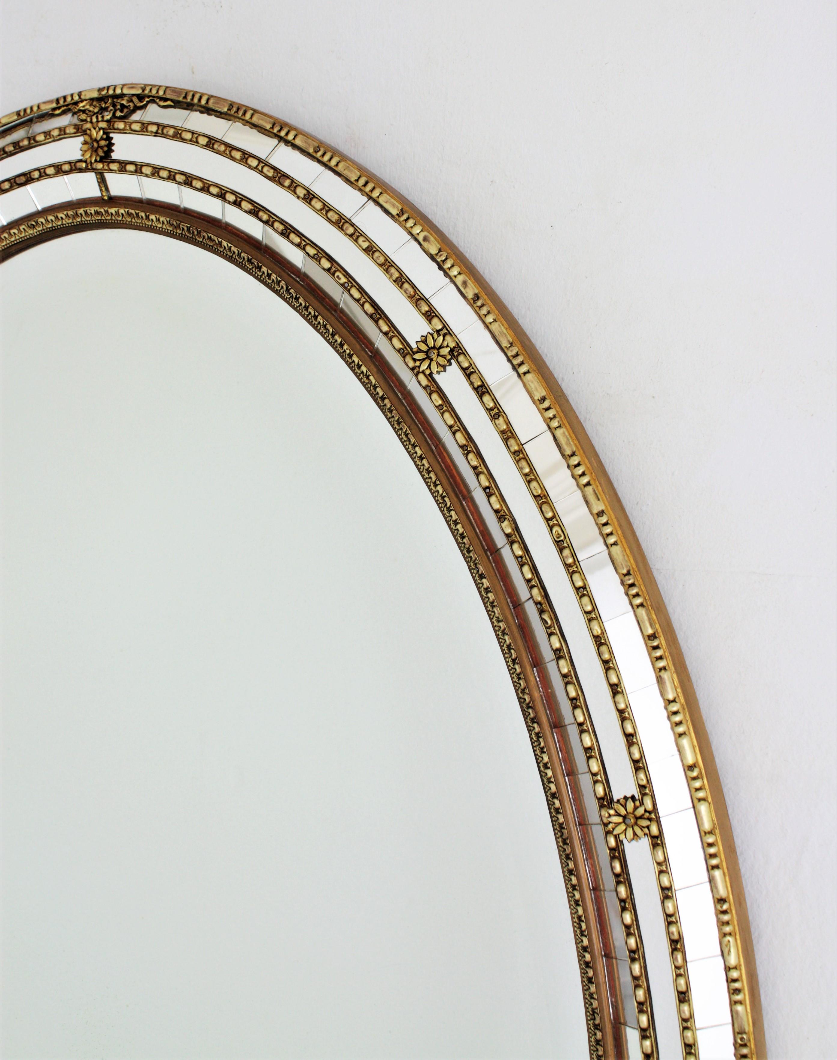 Venetian Style Oval Mirror with Beveled Glass and Brass Accents, 1950s 4