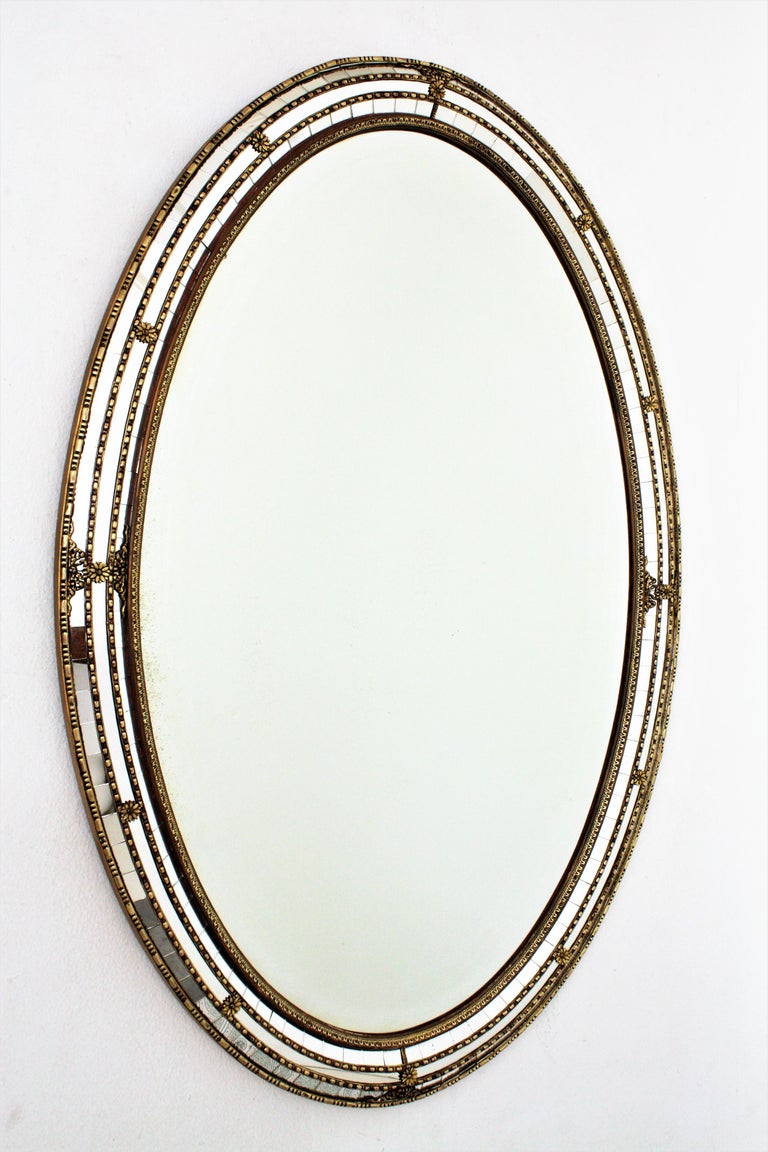 Style Oval Mirror with Beveled Glass and Brass Accents, 1950s