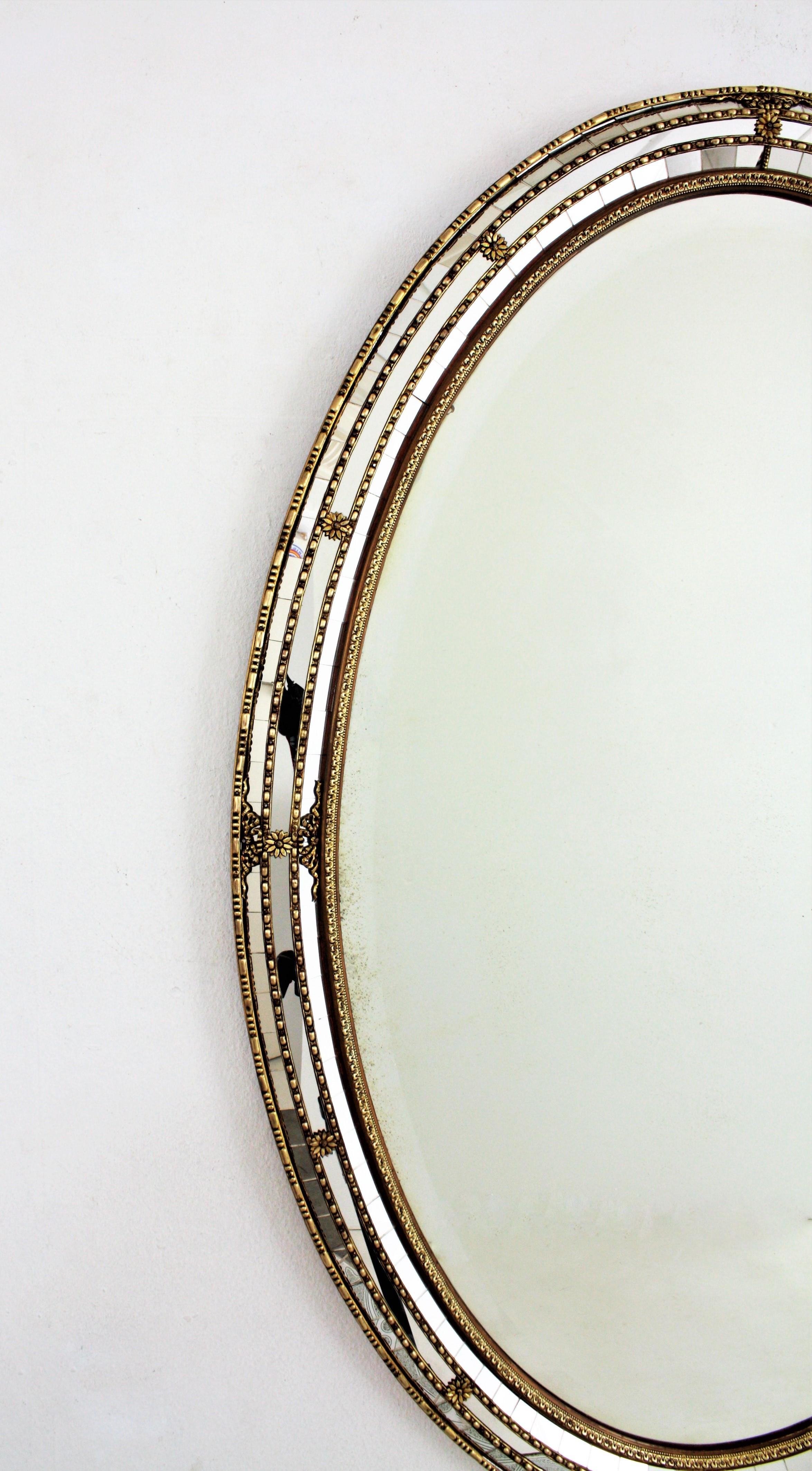 20th Century Venetian Style Oval Mirror with Beveled Glass and Brass Accents, 1950s