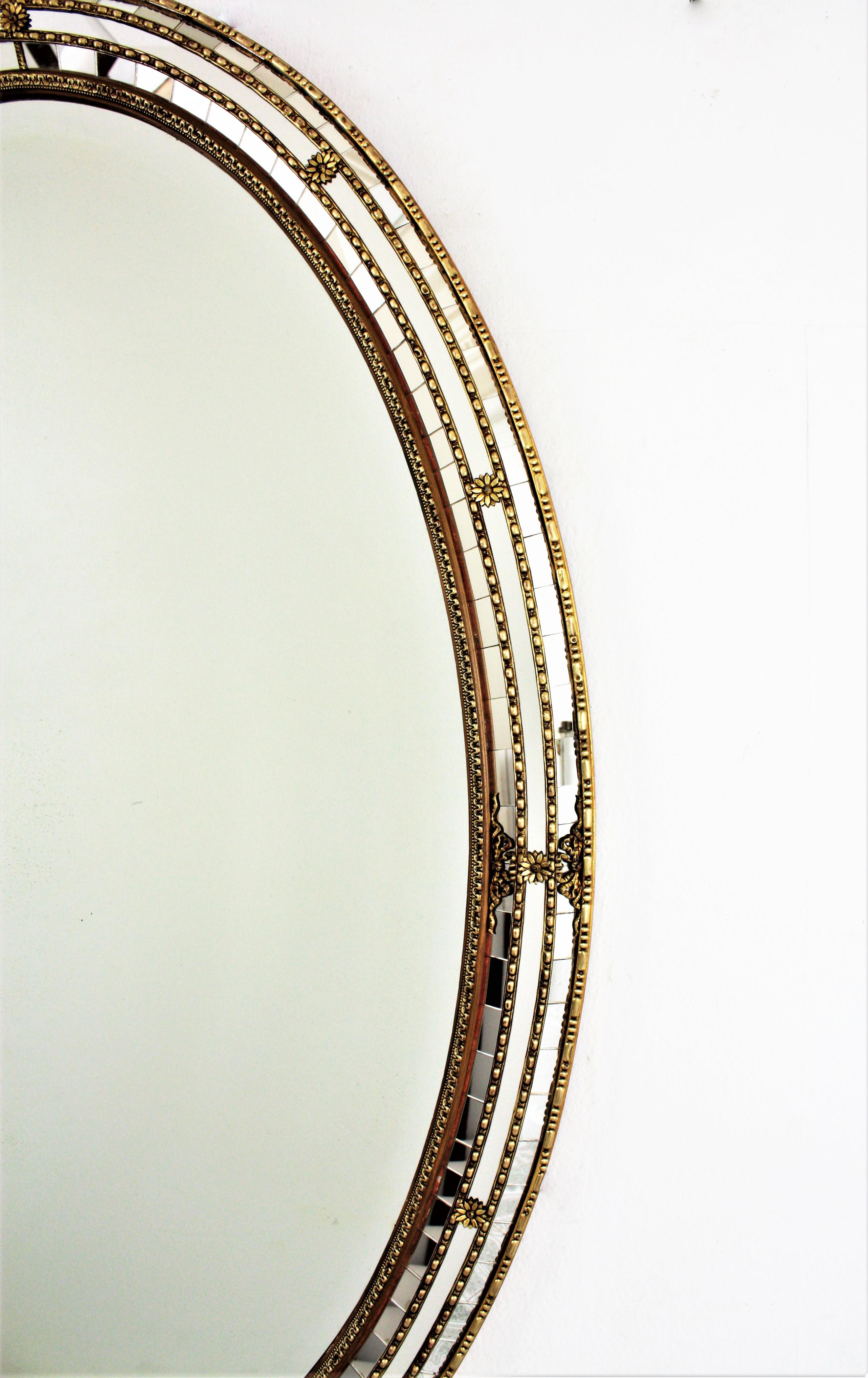 Venetian Style Oval Mirror with Beveled Glass and Brass Accents, 1950s 1