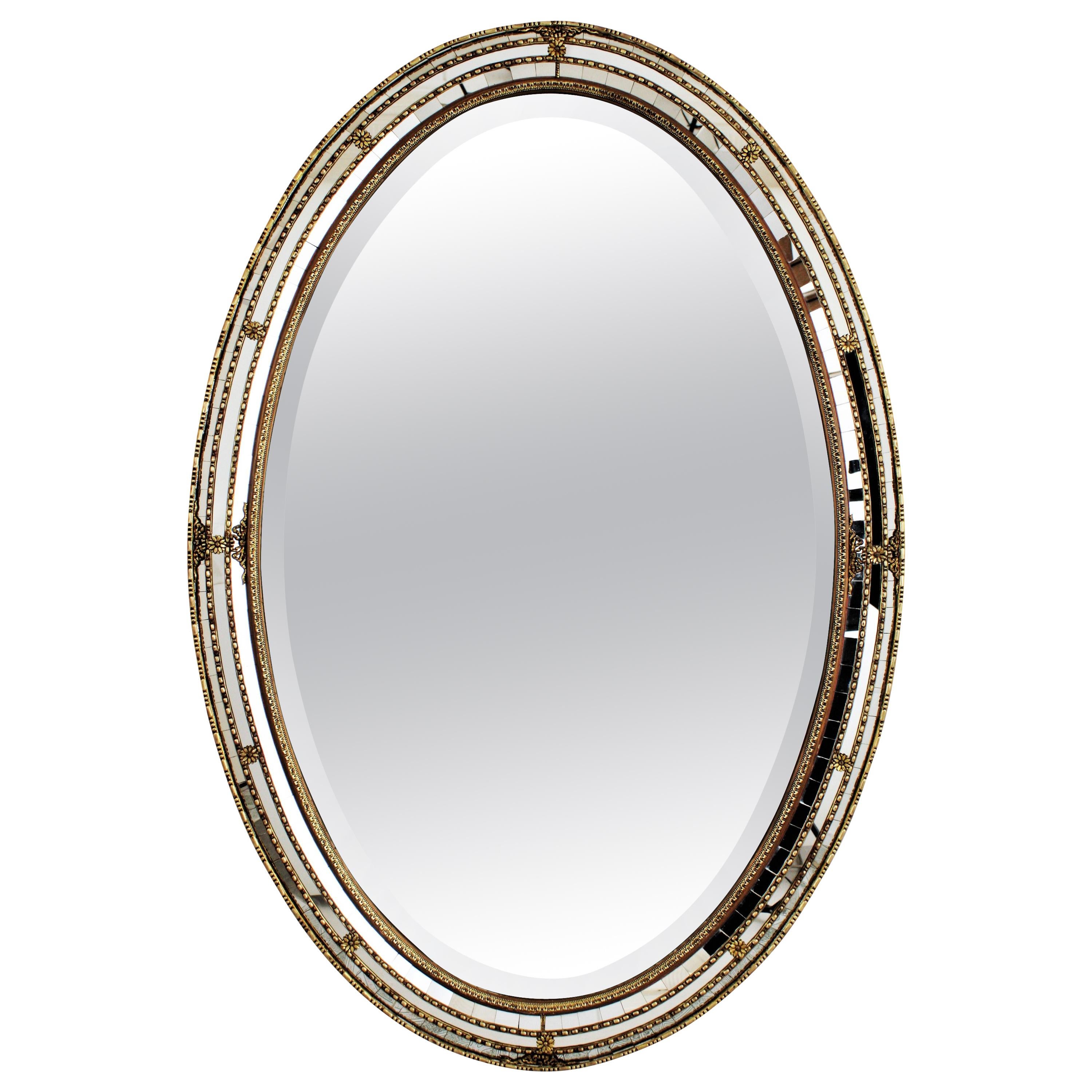 Venetian Style Oval Mirror with Beveled Glass and Brass Accents, 1950s