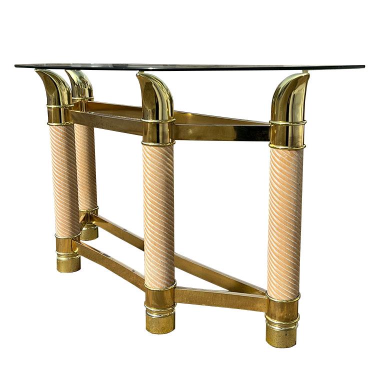 Außergewöhnliche Vintage Italienisch Messing und Glas Konsolentisch mit Faux Rope Detailing und faux Messing Stoßzähne - 1970er Jahre  Stil

Schöpfer: Zuschreibung an Renato Zevi oder Mastercraft
Provenienz: Private Collection, Italien
Zeitraum: