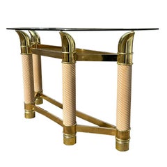 Consolle Hollywood Regency Vintage in ottone e vetro con zanne finte