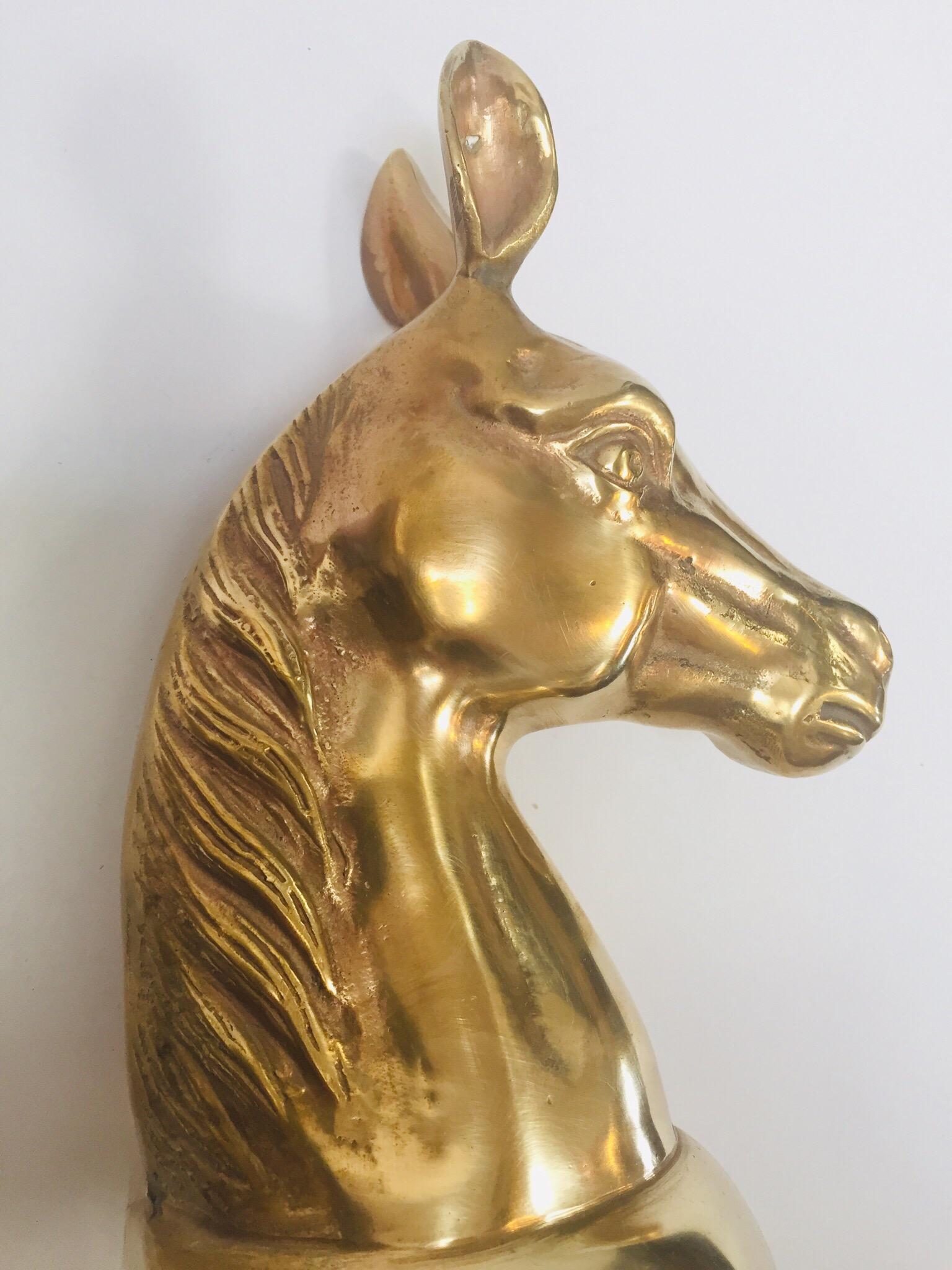 Hollywood Regency Vintage Polished Brass Sculptures of Horses Bust Bookends For Sale 3