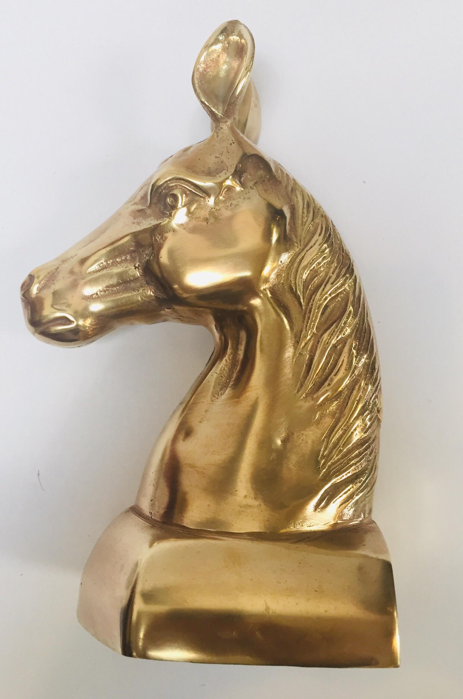 Hollywood Regency Vintage Polished Brass Sculptures of Horses Bust Bookends For Sale 4