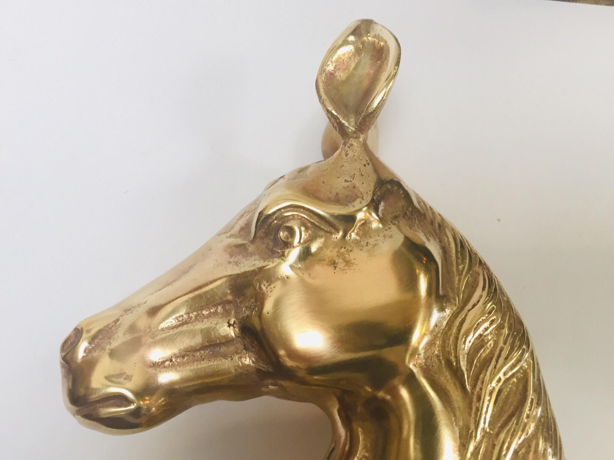 Hollywood Regency Vintage Polished Brass Sculptures of Horses Bust Bookends For Sale 5