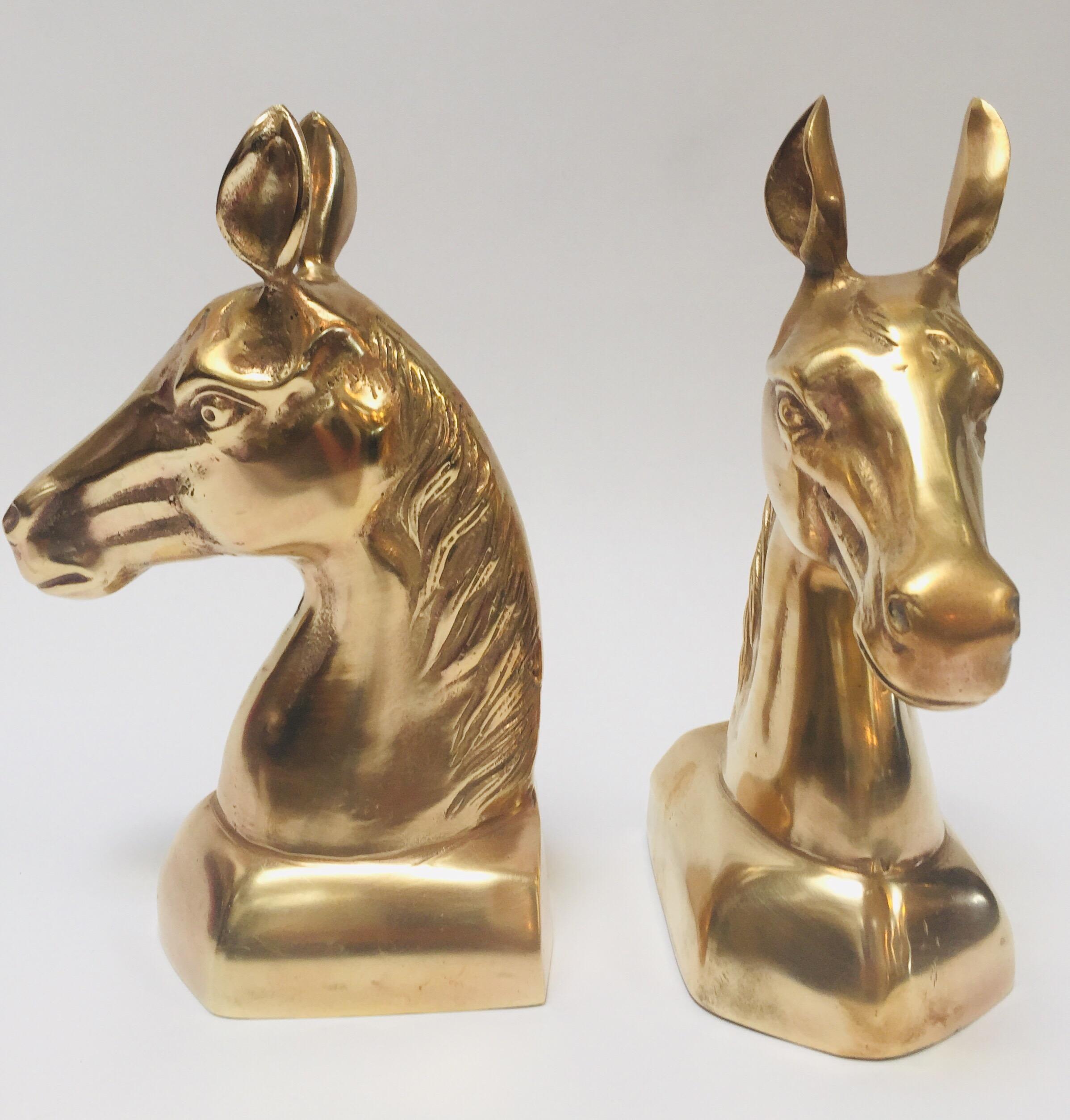 Art Deco Hollywood Regency Vintage Polished Brass Sculptures of Horses Bust Bookends For Sale