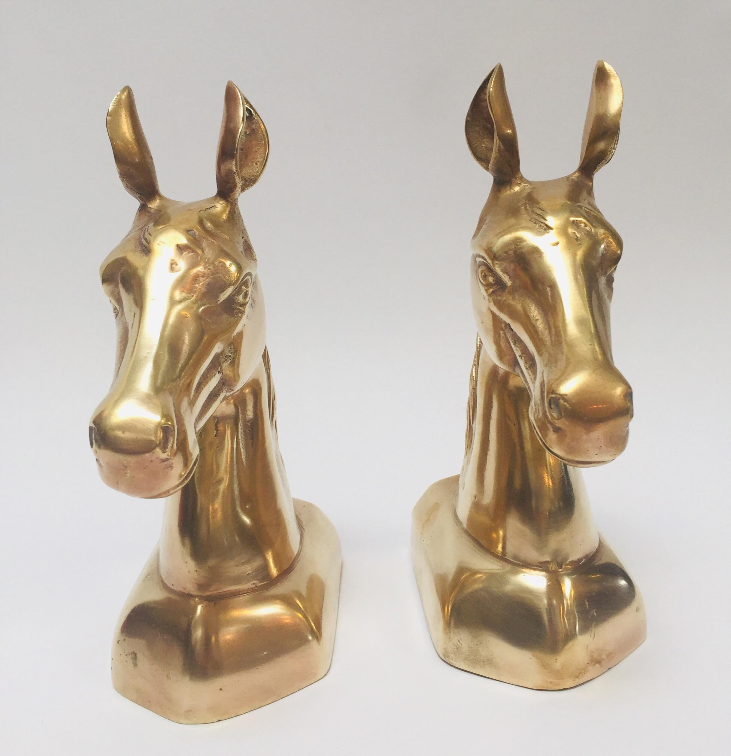 Italian Hollywood Regency Vintage Polished Brass Sculptures of Horses Bust Bookends For Sale