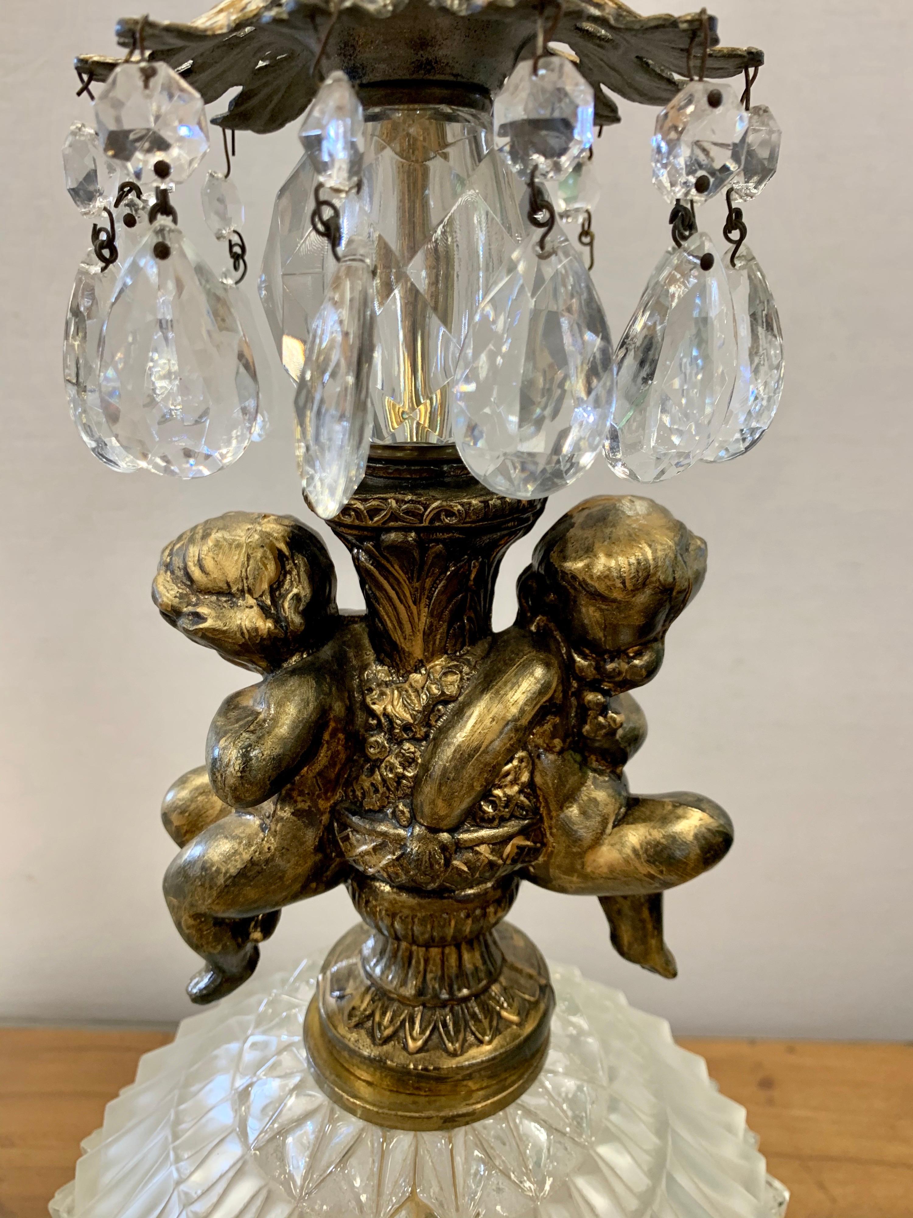Hollywood Regency Vintage Round Crystal with Cherubs Table Lamps, Pair In Good Condition In West Hartford, CT