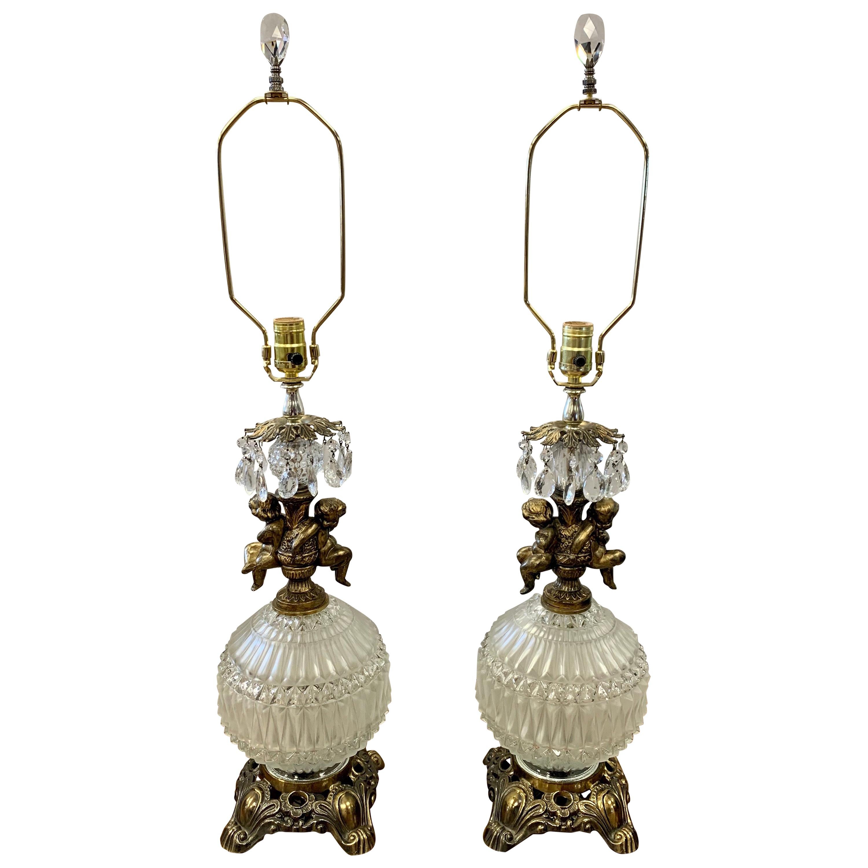 Hollywood Regency Vintage Round Crystal with Cherubs Table Lamps, Pair