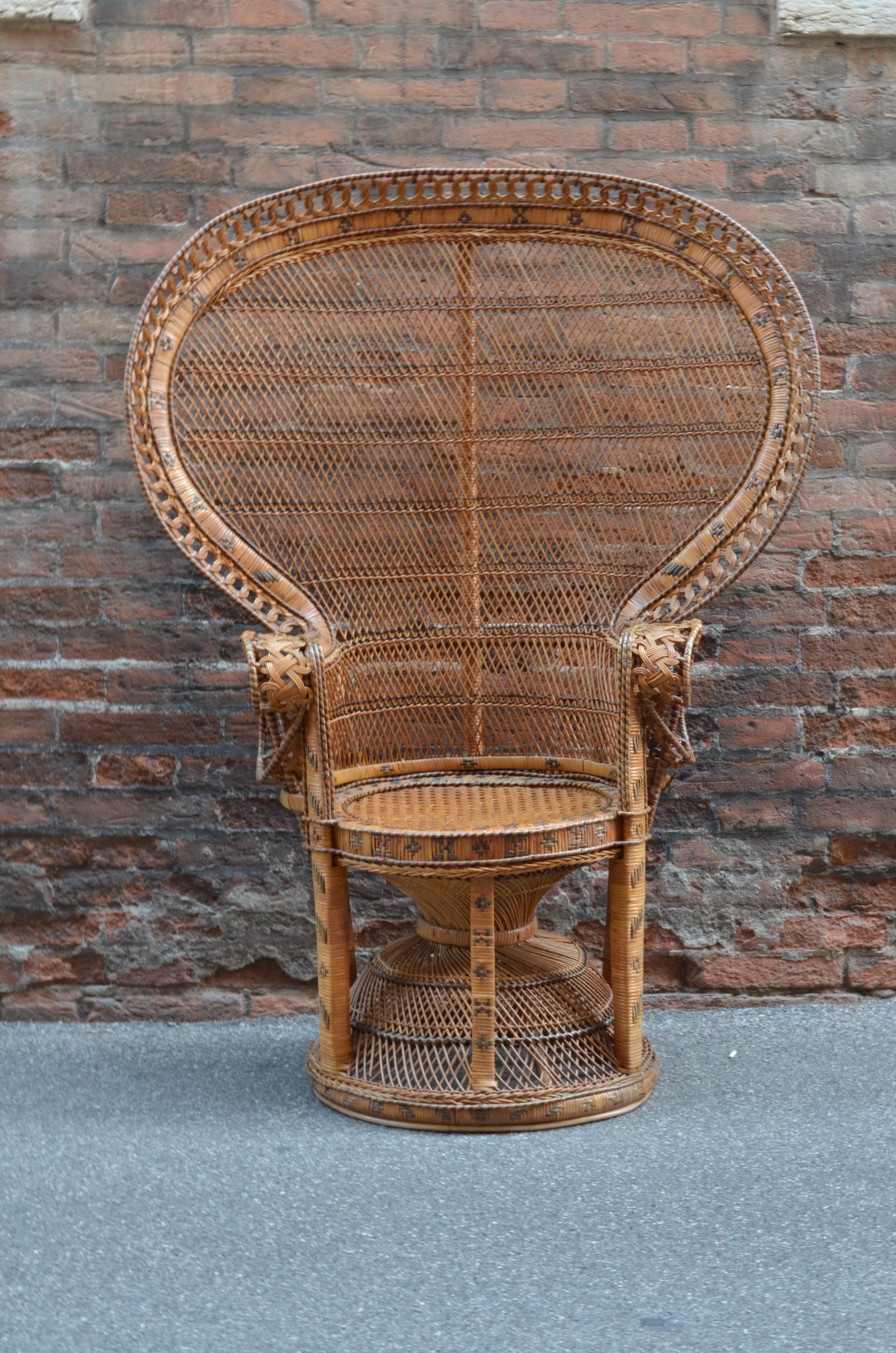 Italian Hollywood Regency Vintage Wicker Peacock Armchairs and Stool, Italy, 1970s