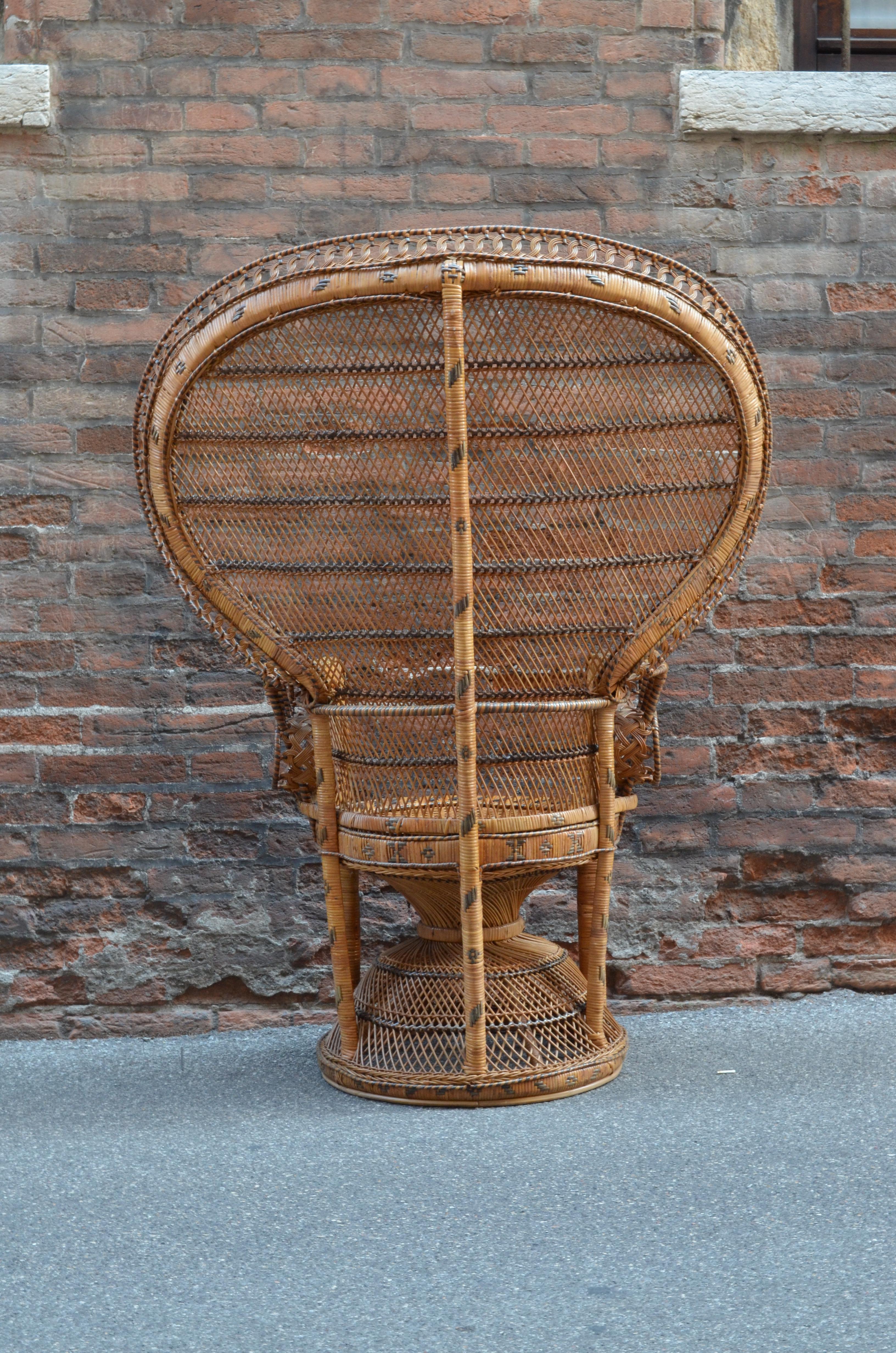 Hollywood Regency Vintage Wicker Peacock Armchairs and Stool, Italy, 1970s 2
